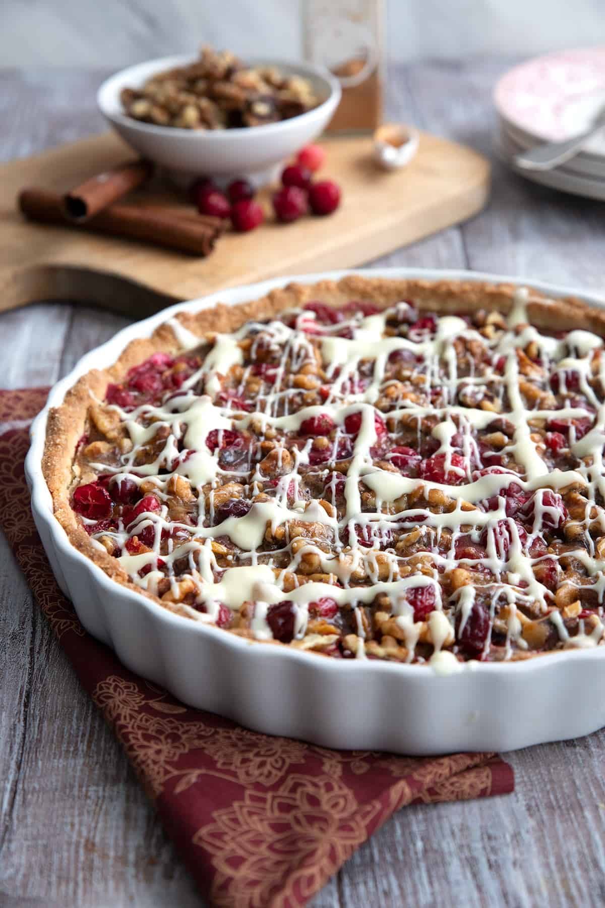 Cranberry Walnut Tart drizzled with sugar free white chocolate. 