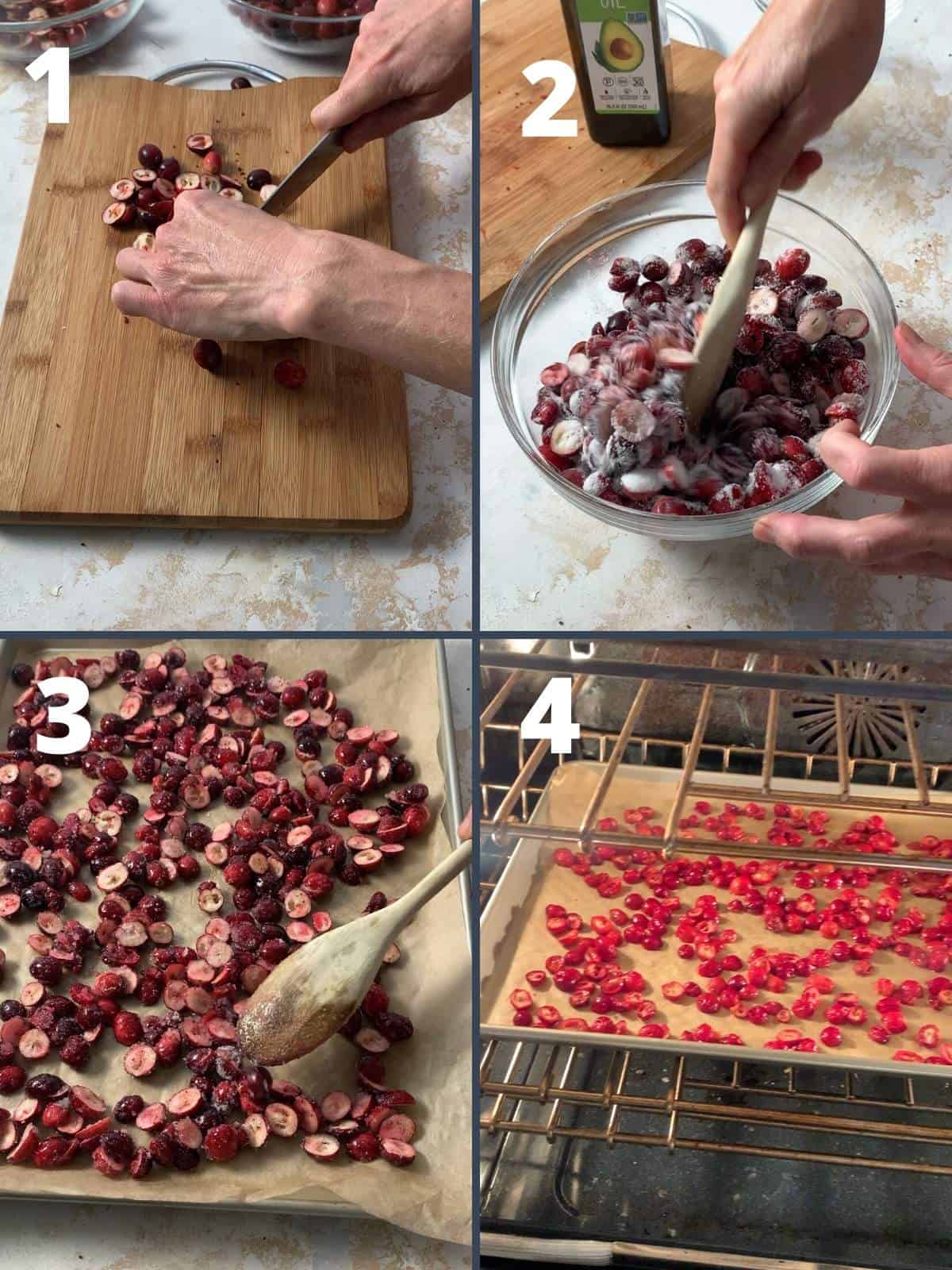 A collage of 4 images showing how to dry cranberries at home.