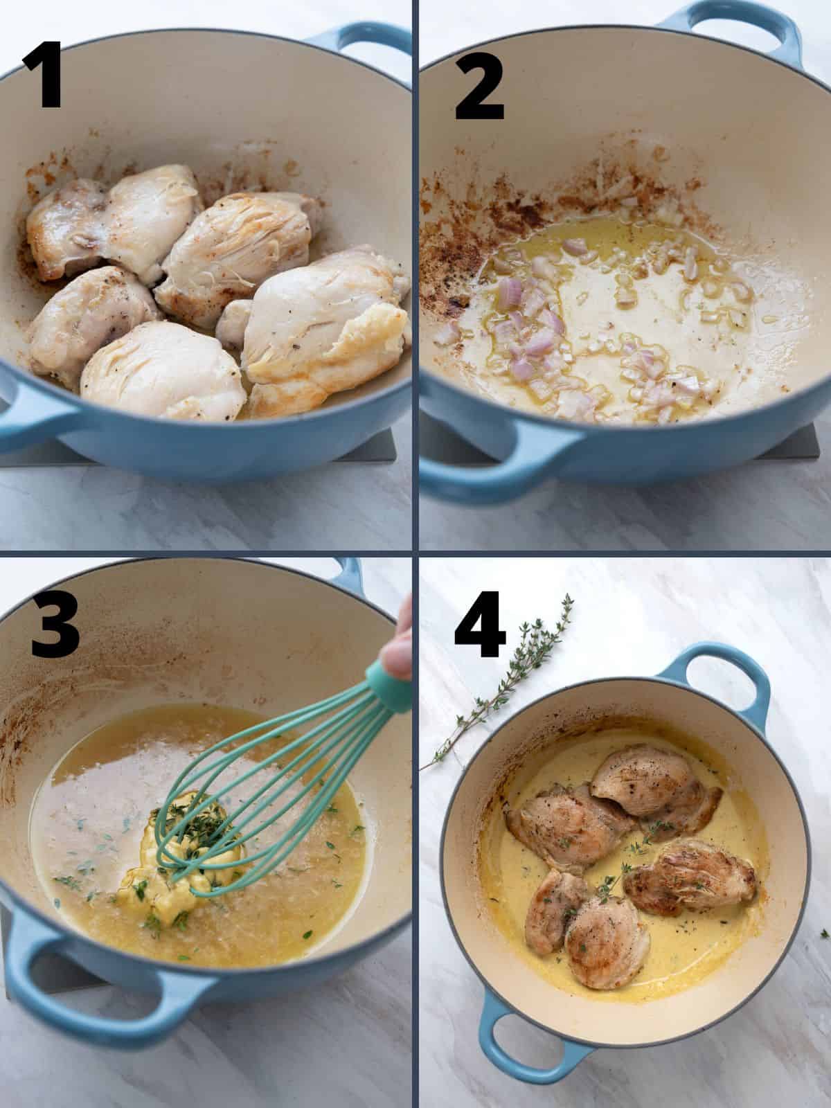 A collage of 4 images showing the steps for making Easy Chicken Dijon.