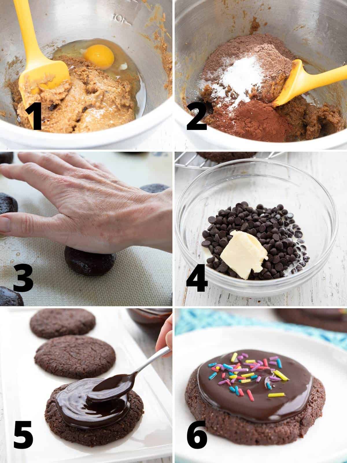 A collage of 6 images showing how to make Keto Chocolate Cookies.
