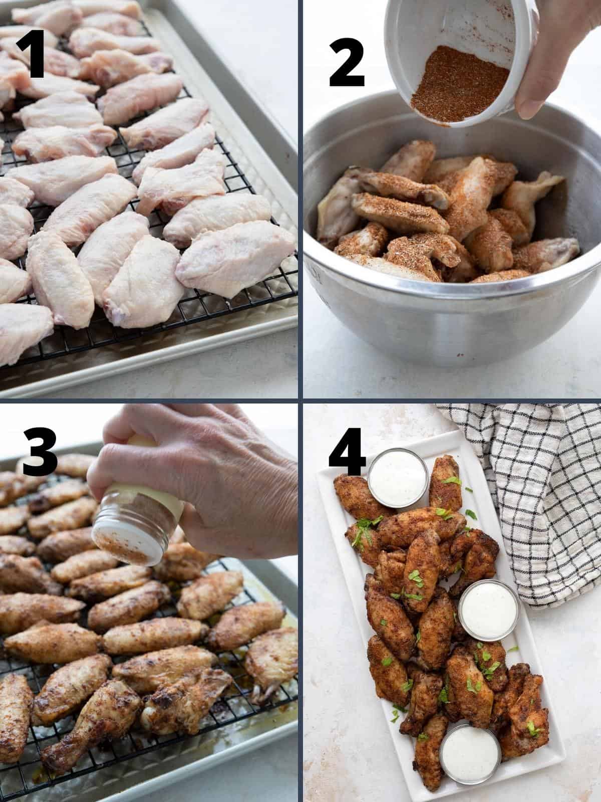A collage of 4 images showing the steps for crispy oven baked Cajun Wings.