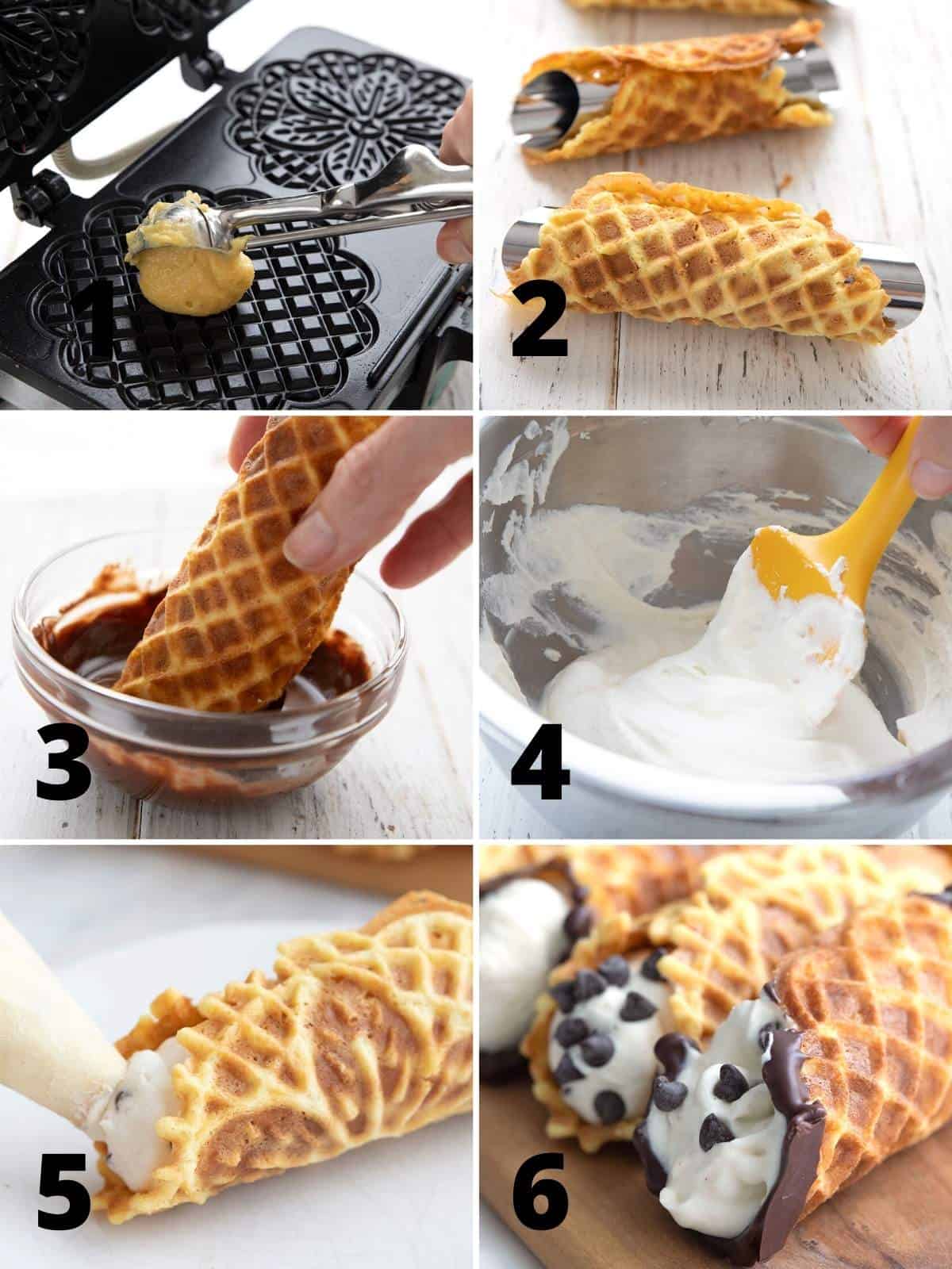 A collage of 6 images showing how to make Keto Cannoli.