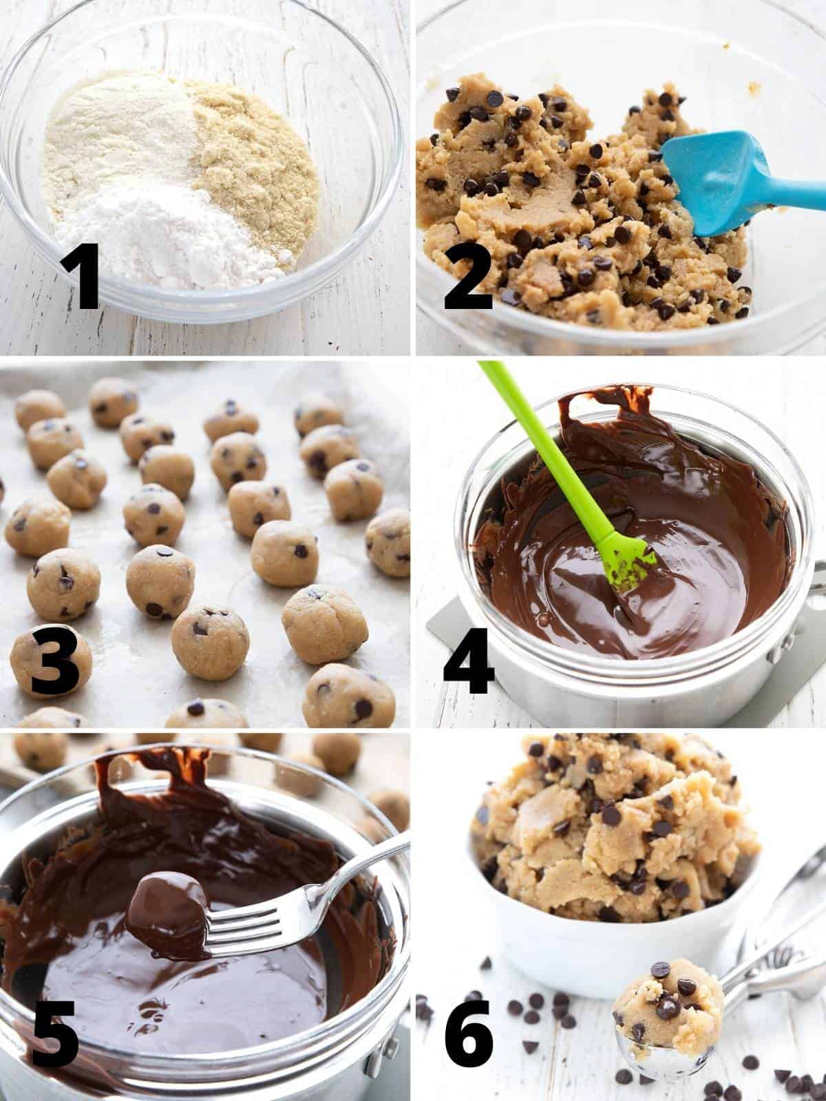 A collage of 6 images showing how to make keto cookie dough.