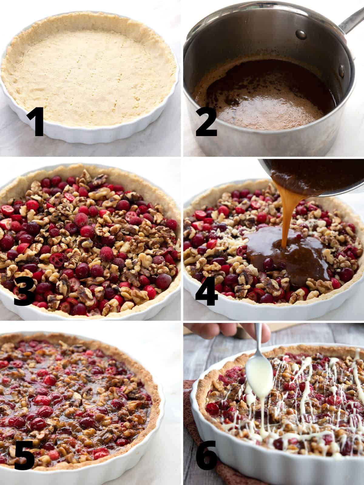 A collage of 6 images showing the steps for making Keto Cranberry Walnut Tart.