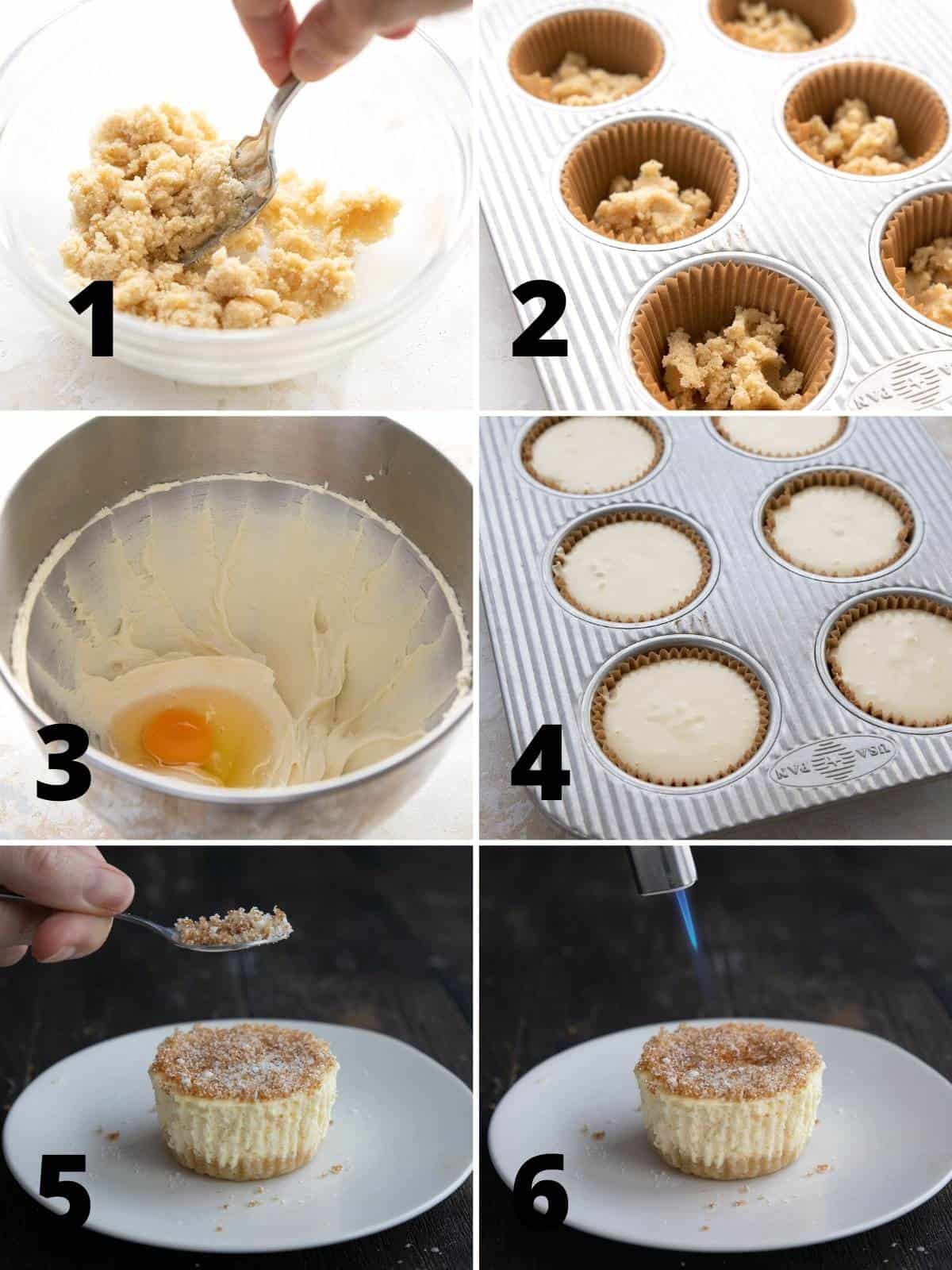 A collage of 6 images showing how to make Keto Creme Brûlée Cheesecake.