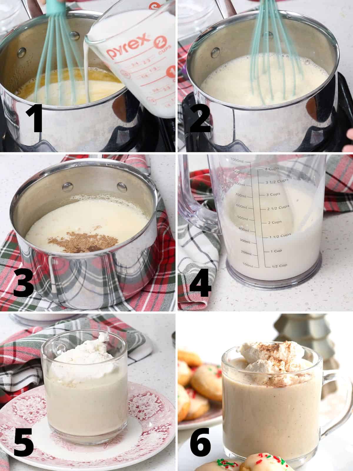 A collage of 6 images showing the steps for making keto eggnog.