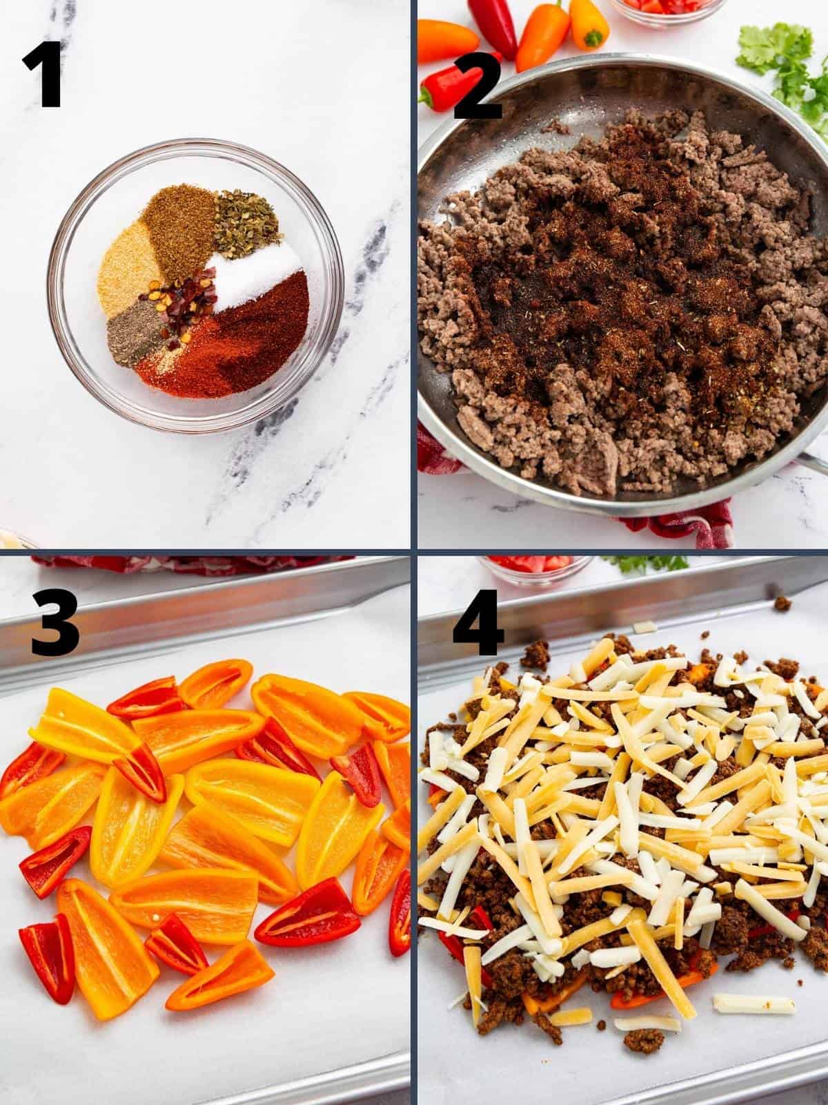 A collage of 4 images showing how to make Mini Pepper Keto Nachos.