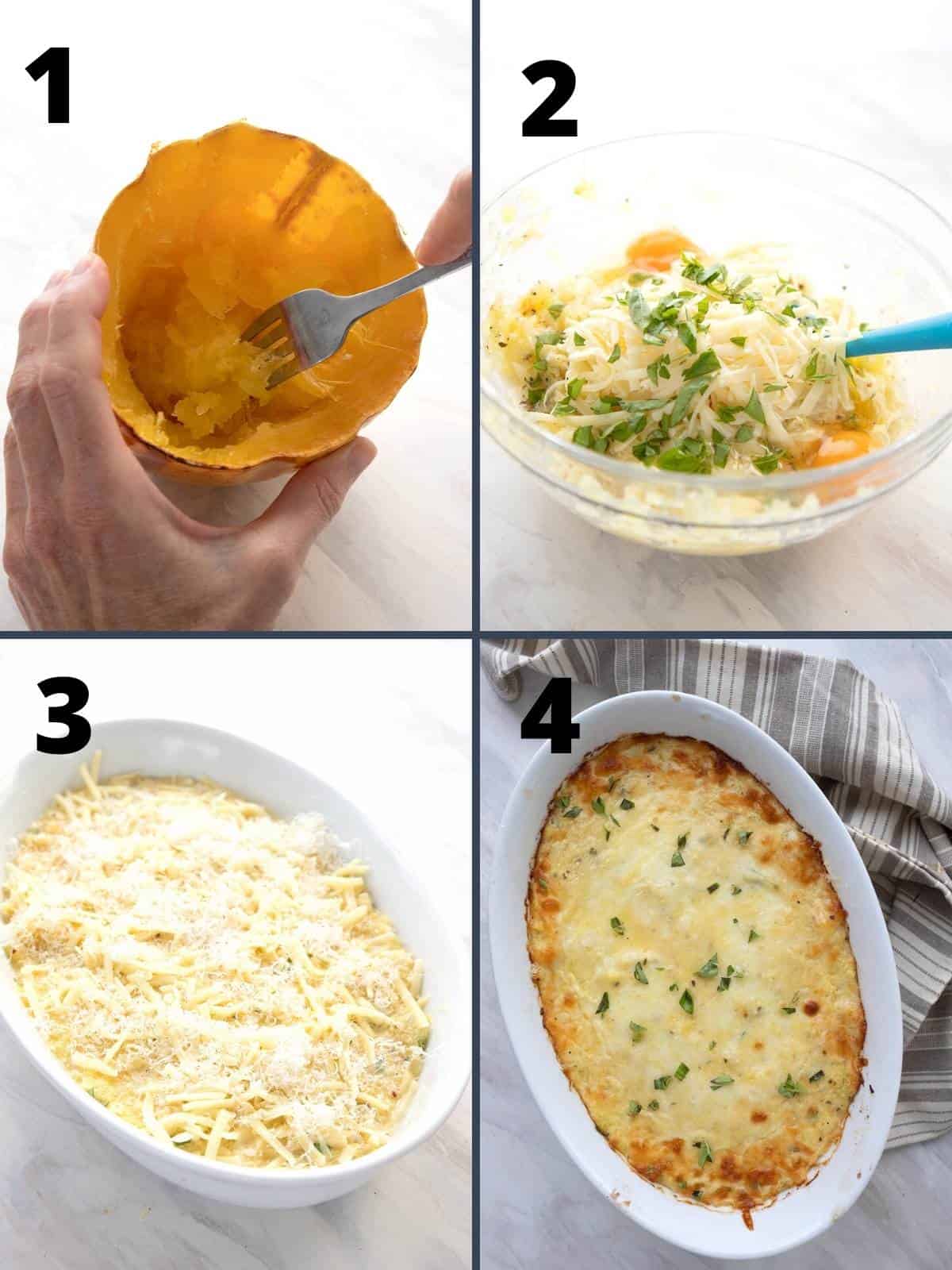 A collage of four images showing how to make Spaghetti Squash Casserole.