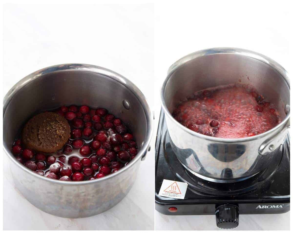 A collage of two images showing how to make easy keto cranberry sauce.