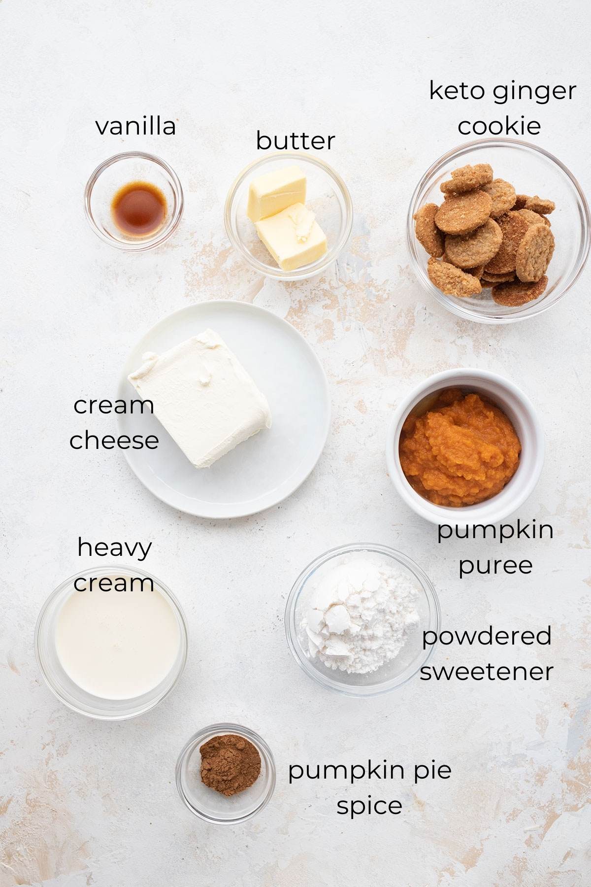 Top down image of ingredients for No Bake Keto Pumpkin Cheesecake.