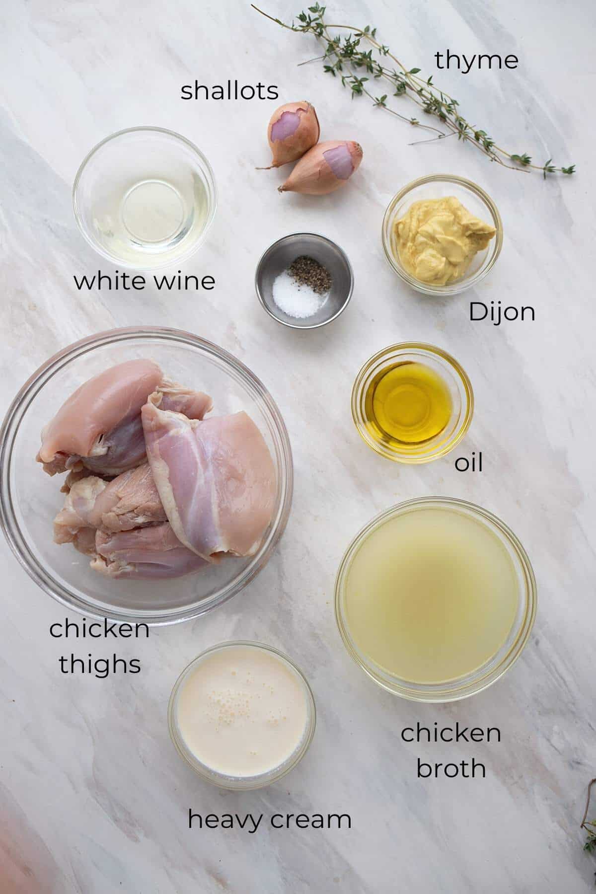 Top down image of ingredients needed for Chicken Dijon.