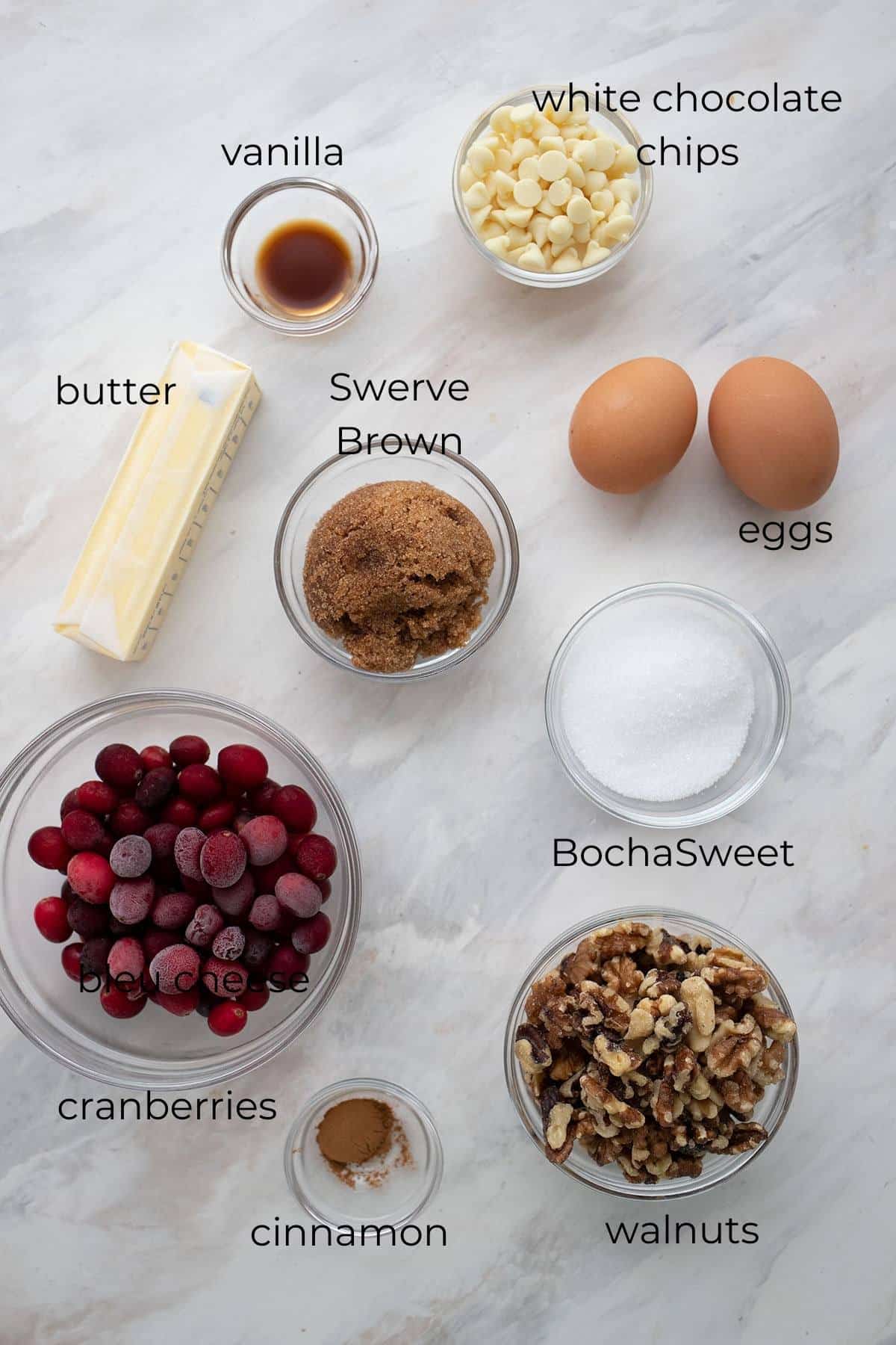 Top down image of ingredients for Keto Cranberry Walnut Tart.