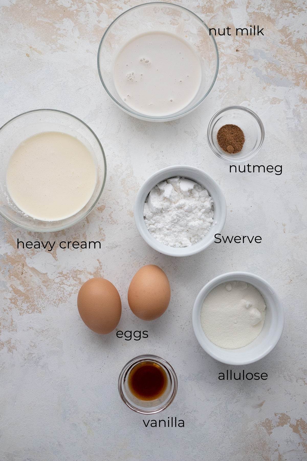 Top down image of the ingredients needed for Keto Eggnog.