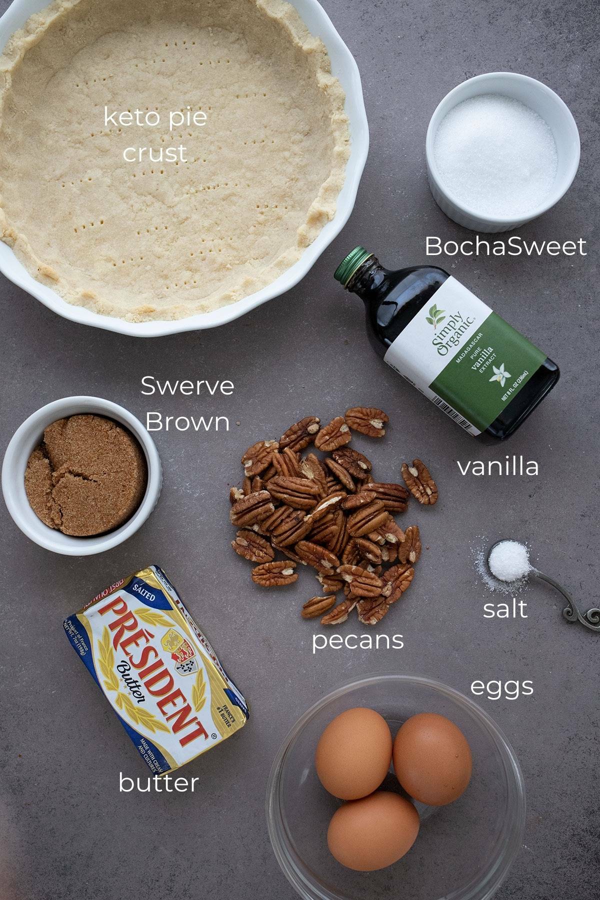 Top down image of ingredients needed for Keto Pecan Pie.