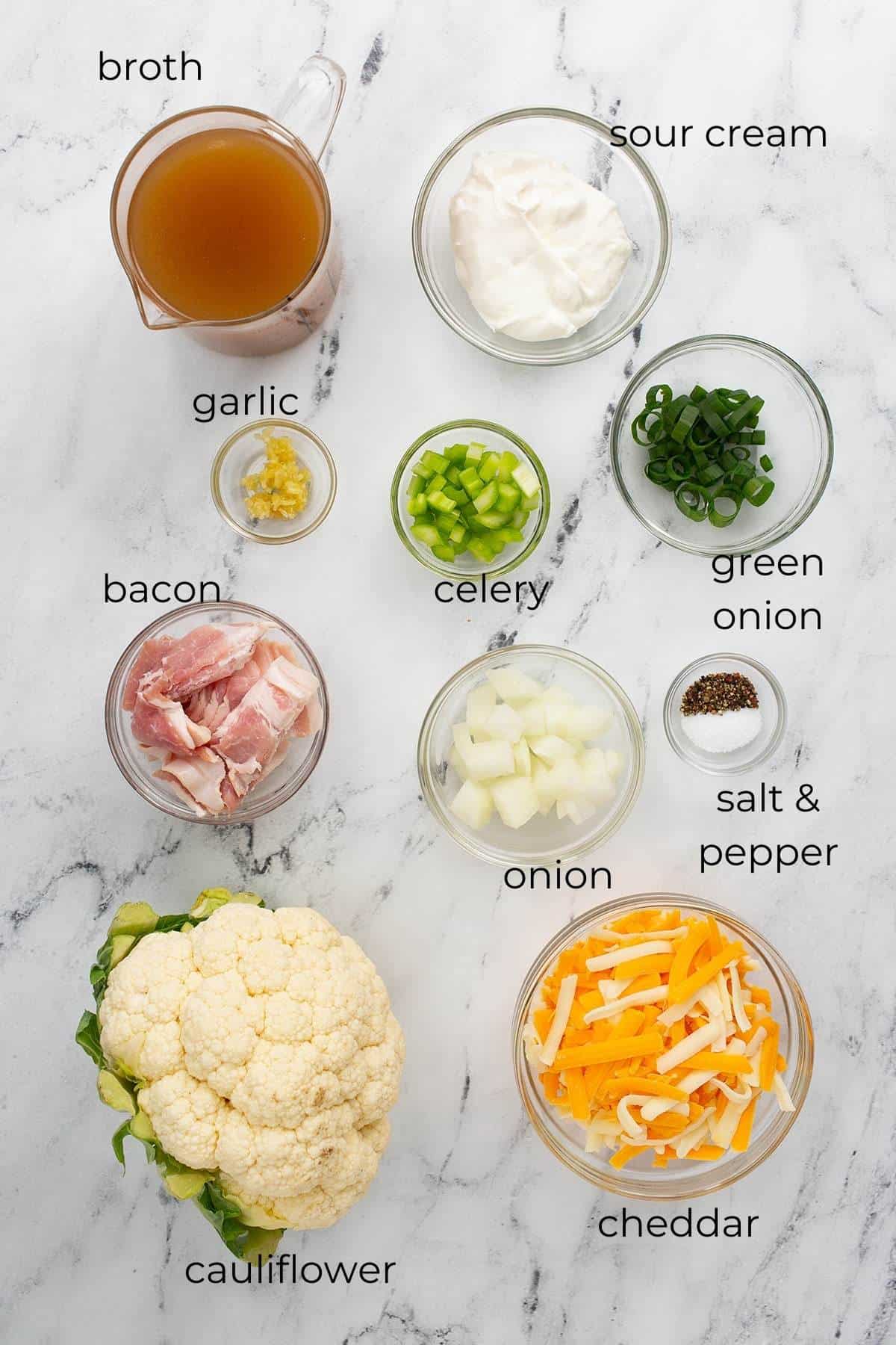 Top down image of ingredients needed for Loaded Cauliflower Soup.