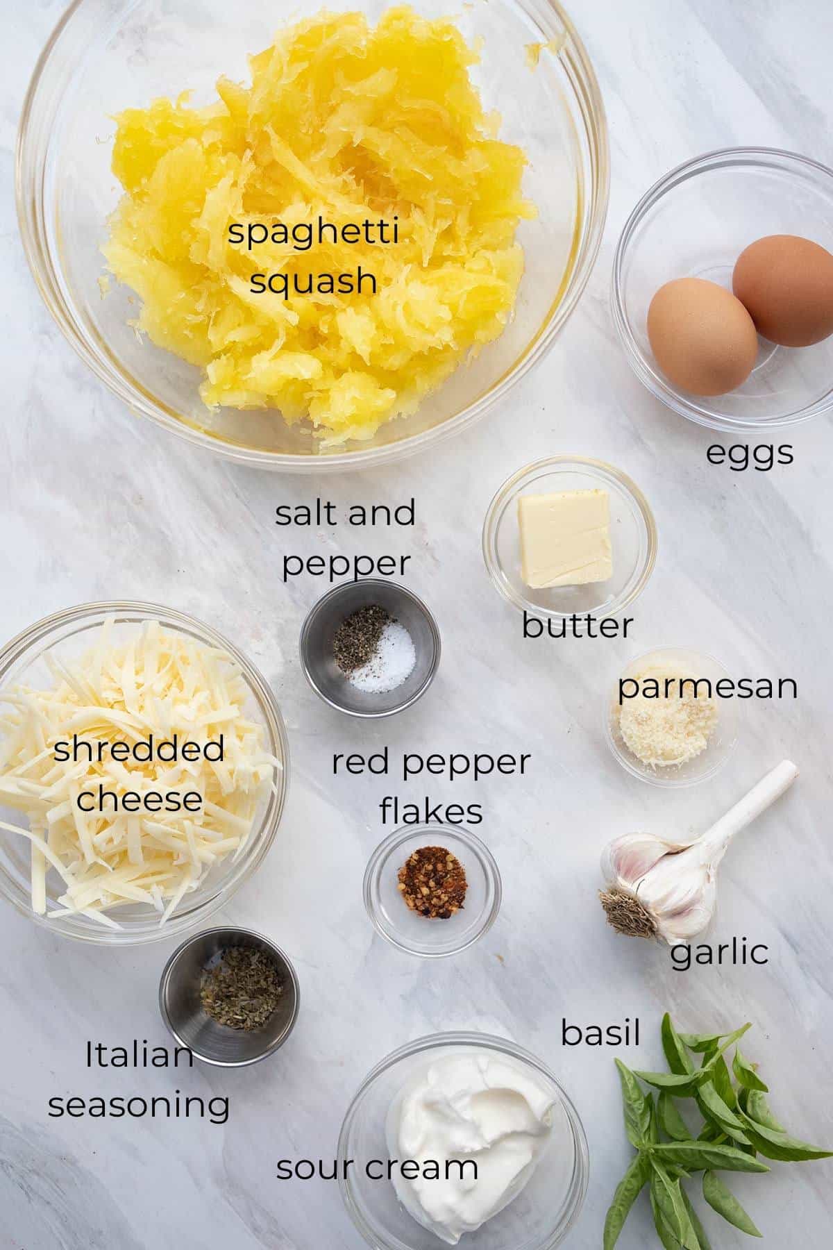 Top down image of the ingredients for Keto Spaghetti Squash Casserole.