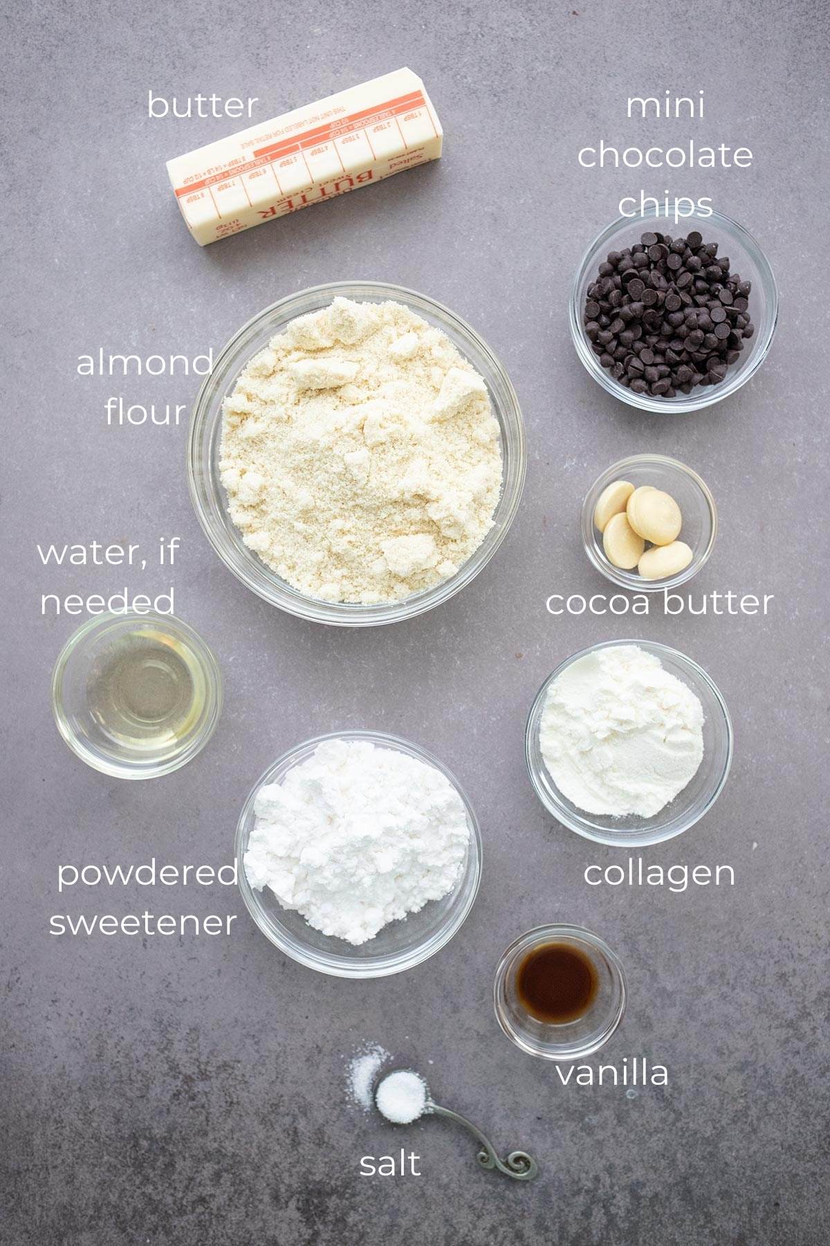 Top down image of ingredients for Keto Cookie Dough.