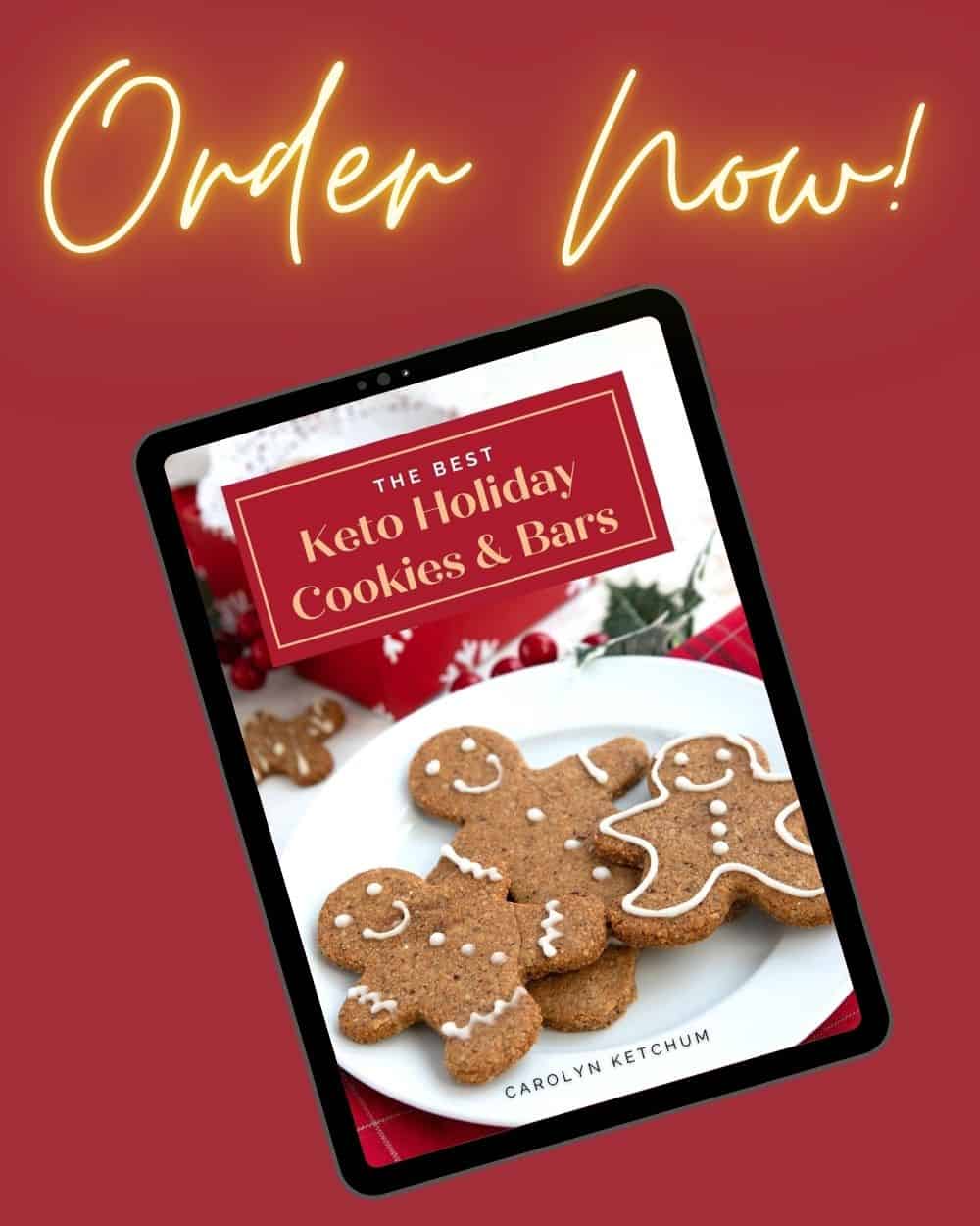 Keto Holiday Cookies Book cover on a red background with the words Order now.