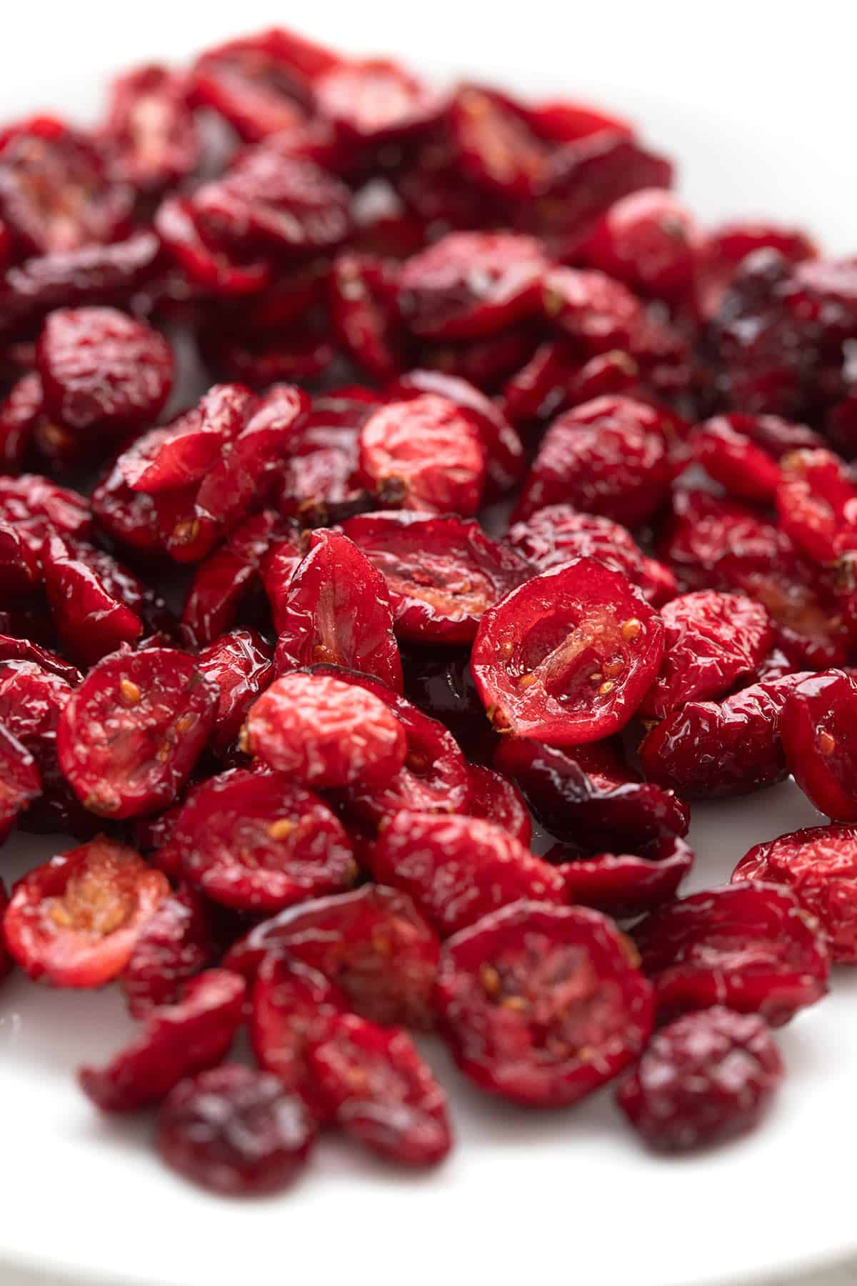 Close up shot of a pile of sugar free dried cranberries.