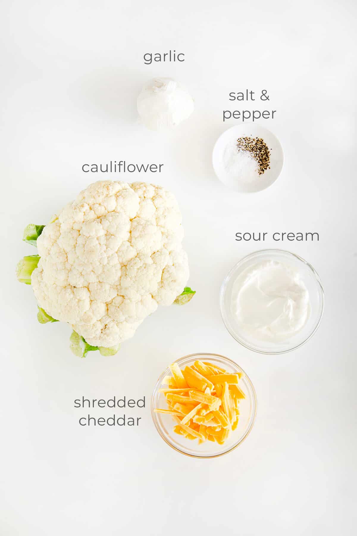 Ingredients labeled and needed to make cauliflower mash