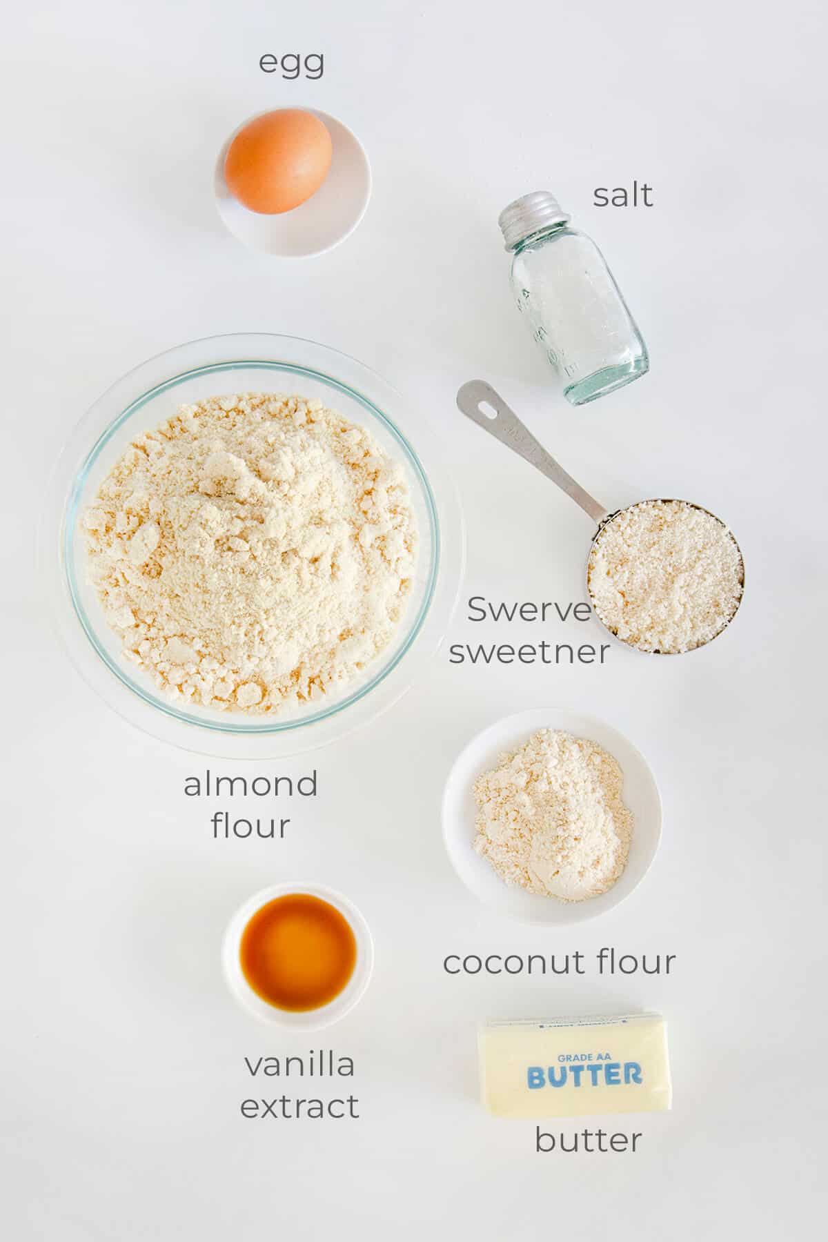 Ingredients labeled and needed to make keto sugar cookies