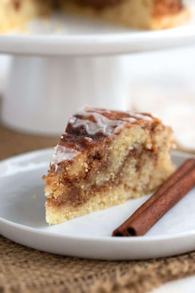 Close up shot of a slice of keto cinnamon roll bread.