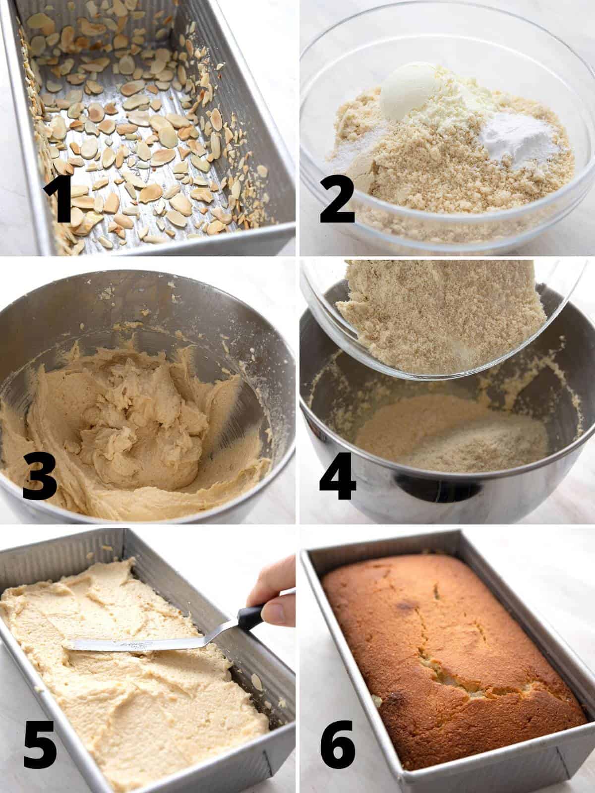 A collage of 6 images showing how to bake an almond flour cake.