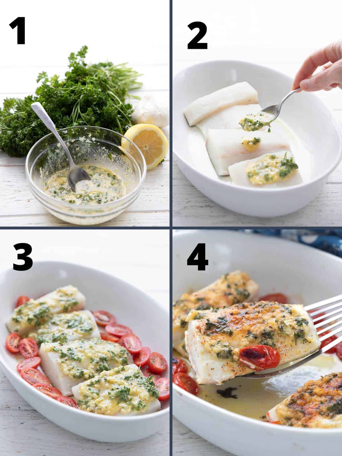 A collage of four images showing the steps for making baked halibut.