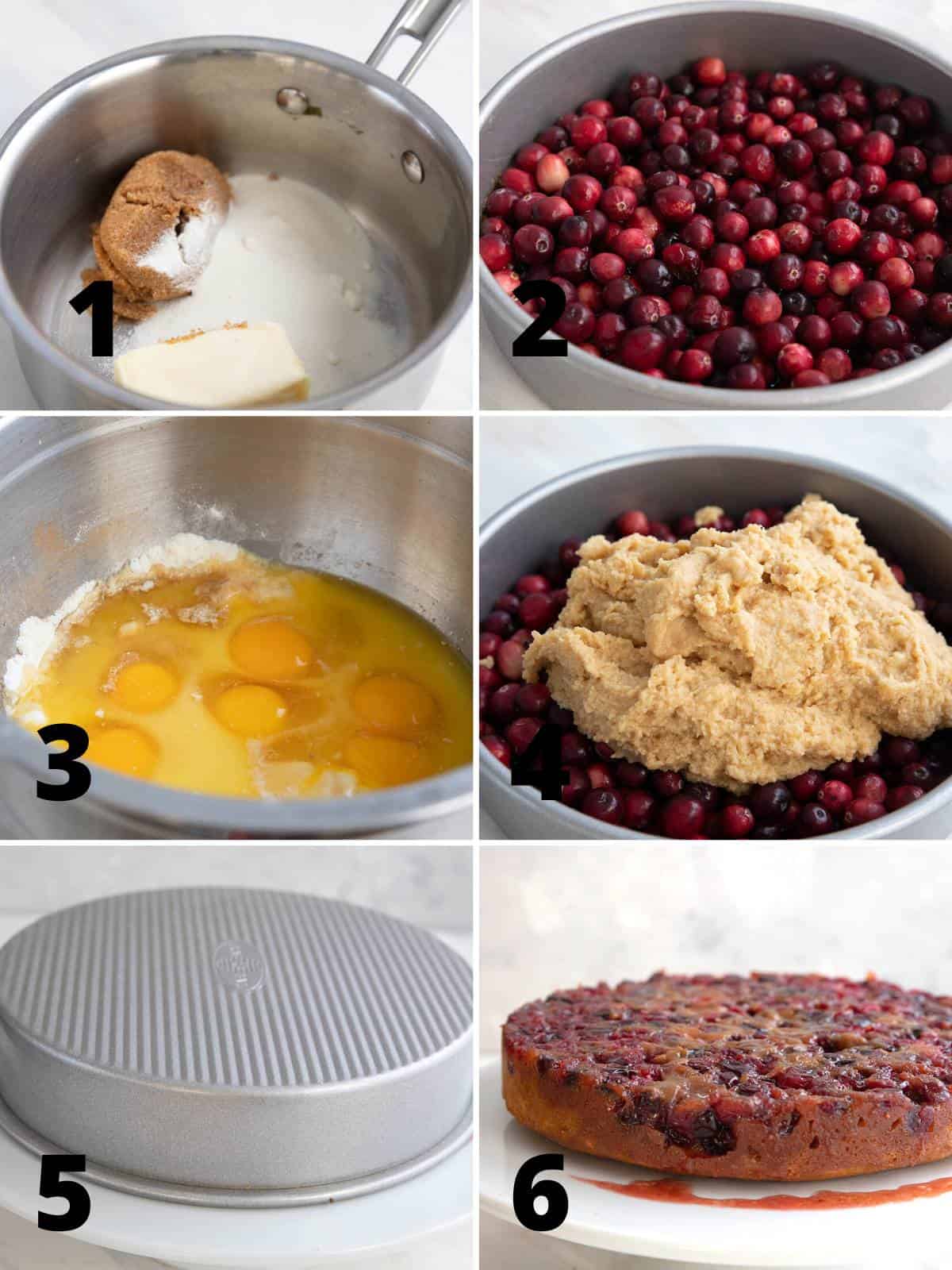 A collage of 6 images showing how to make Keto Cranberry Upside Down Cake.