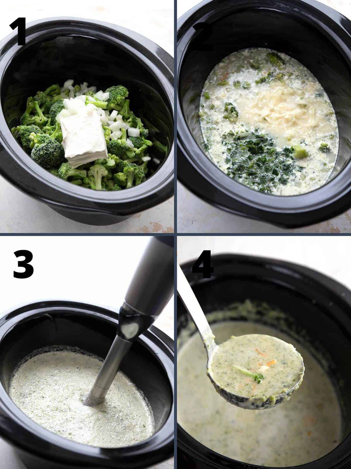 A collage of four images showing how to make Keto Broccoli Cheese Soup.