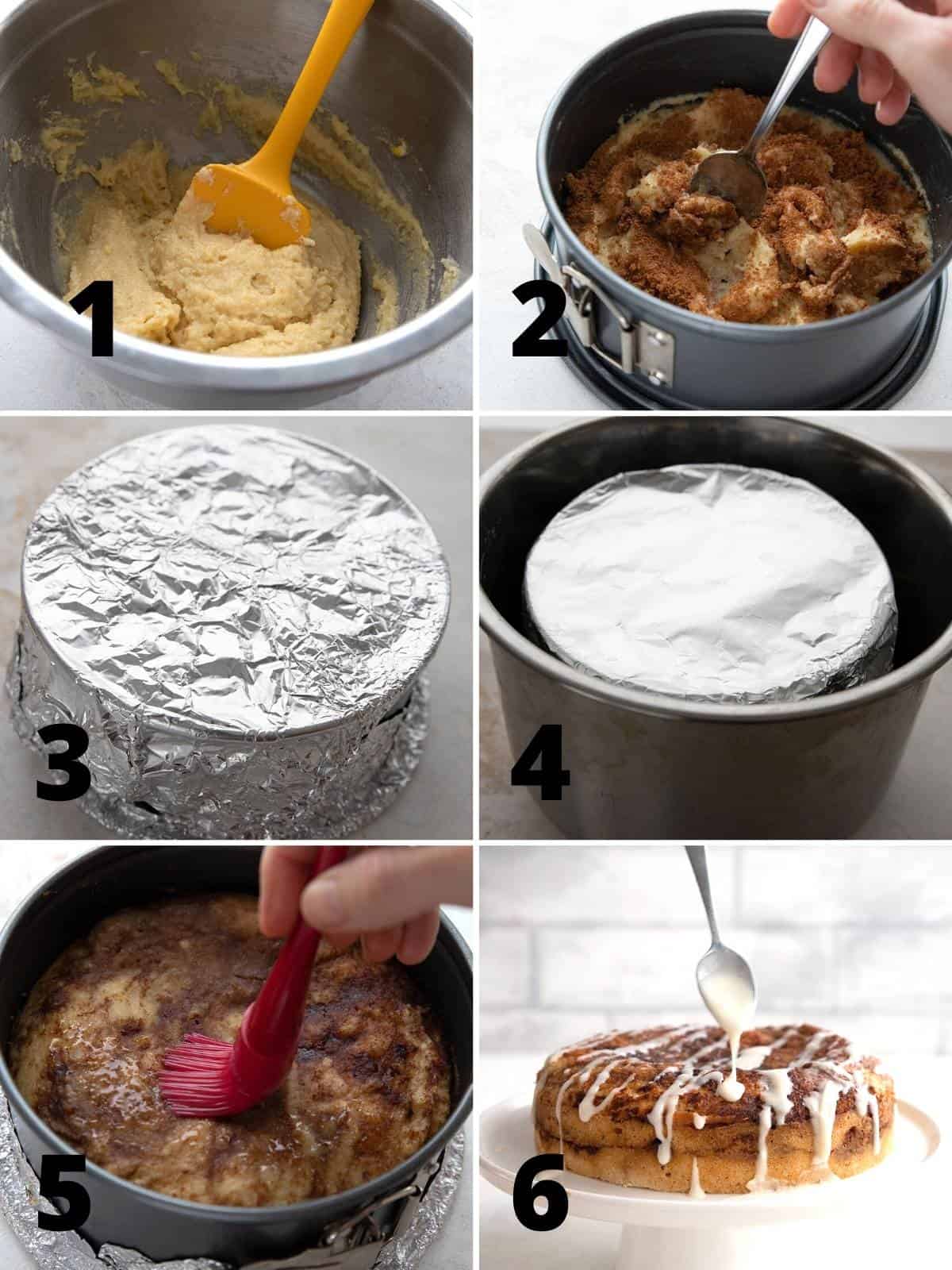 A collage of 6 images showing the steps for making Keto Cinnamon Bread.
