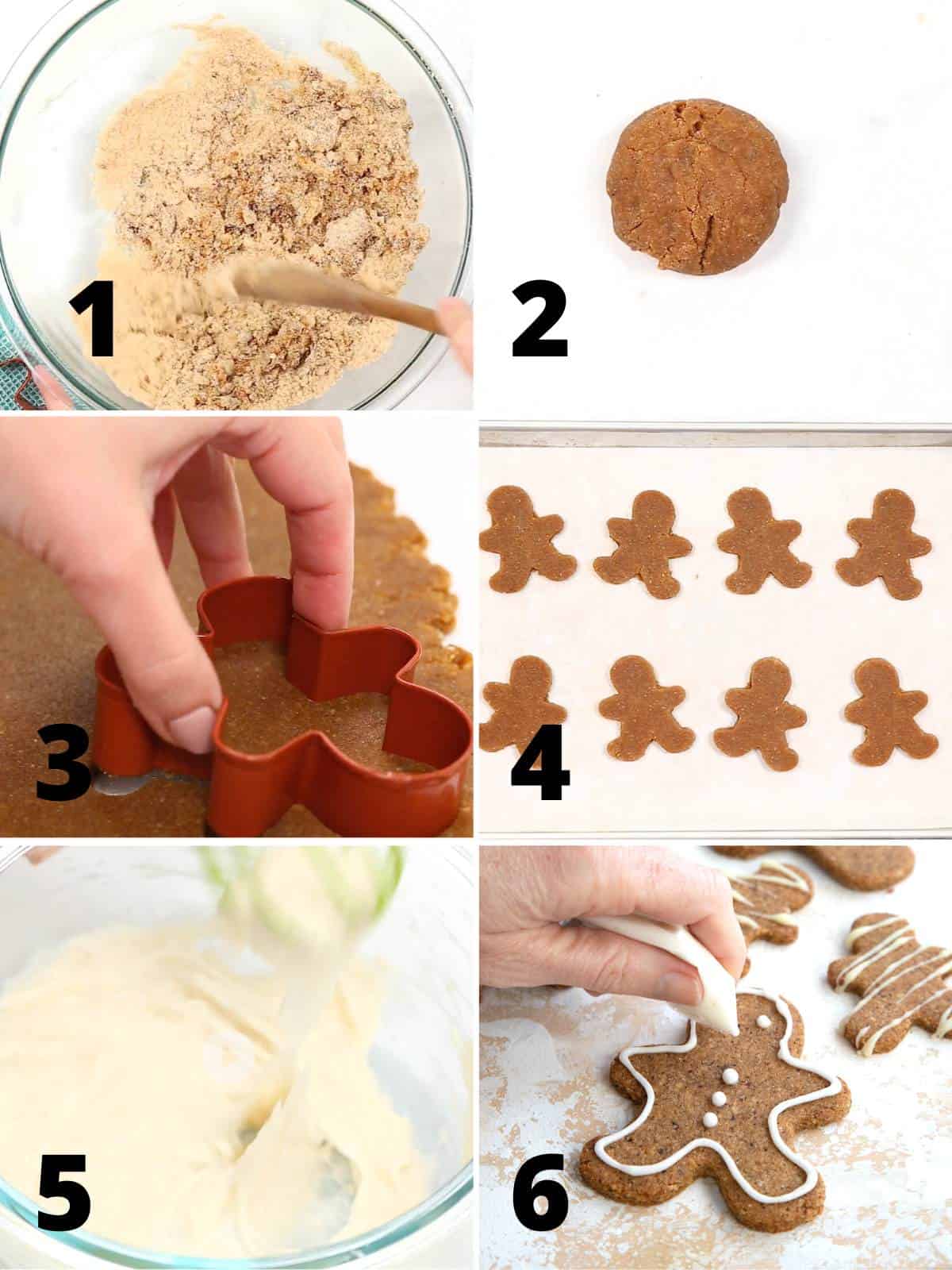 A collage of 6 images showing how to make Keto Gingerbread Cookies.