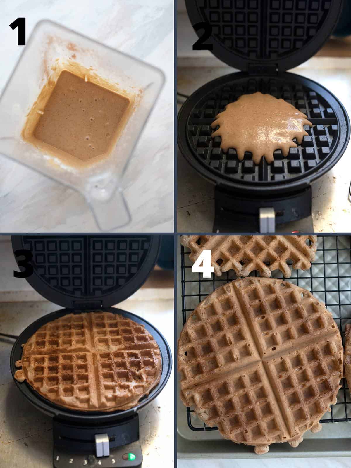 A collage of four images showing how to make Keto Gingerbread Waffles.