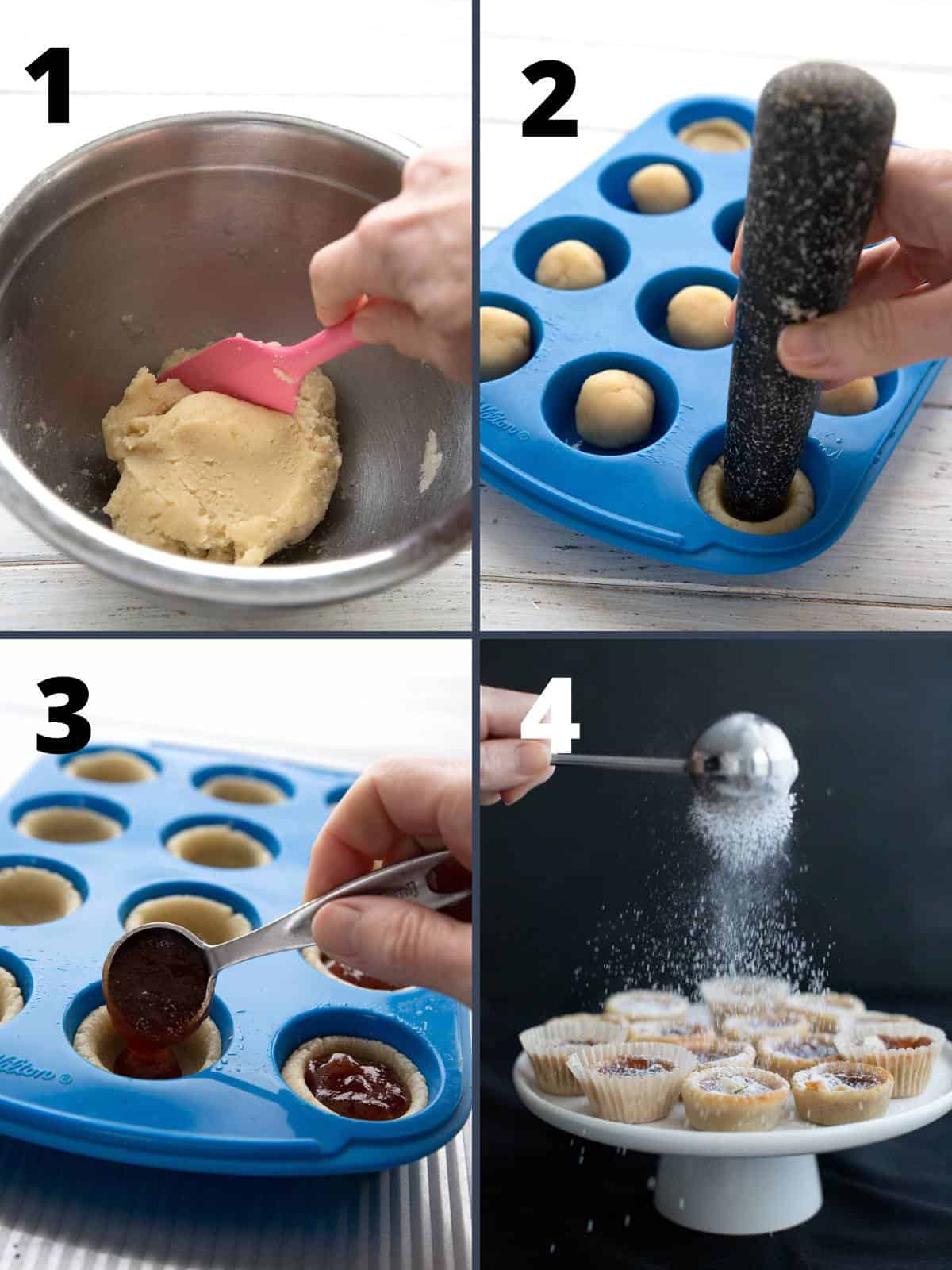A collage of 4 images showing how to make Keto Jam Tarts.