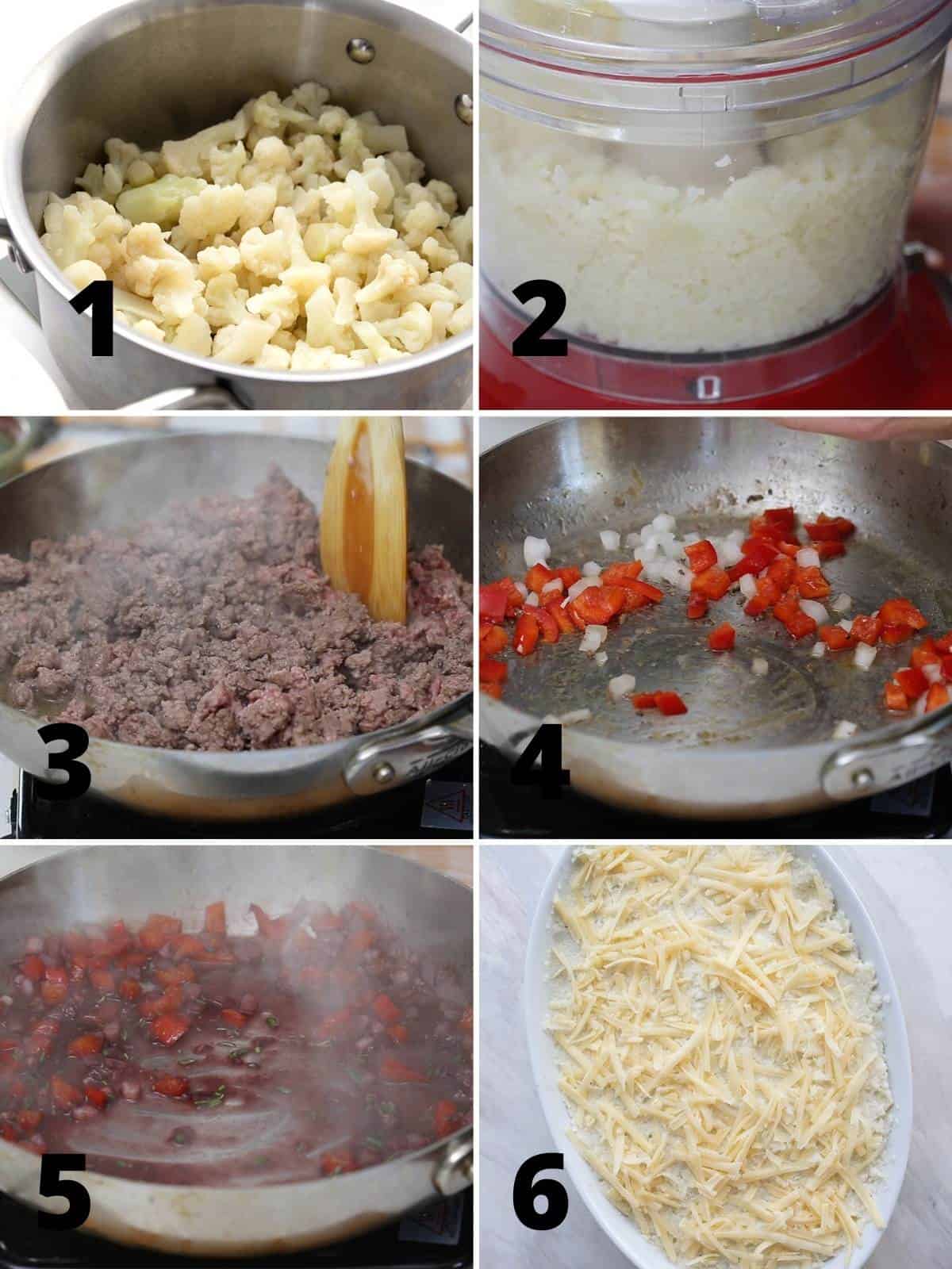 A collage of 6 images showing how to make Keto Shepherd's Pie with cauliflower.