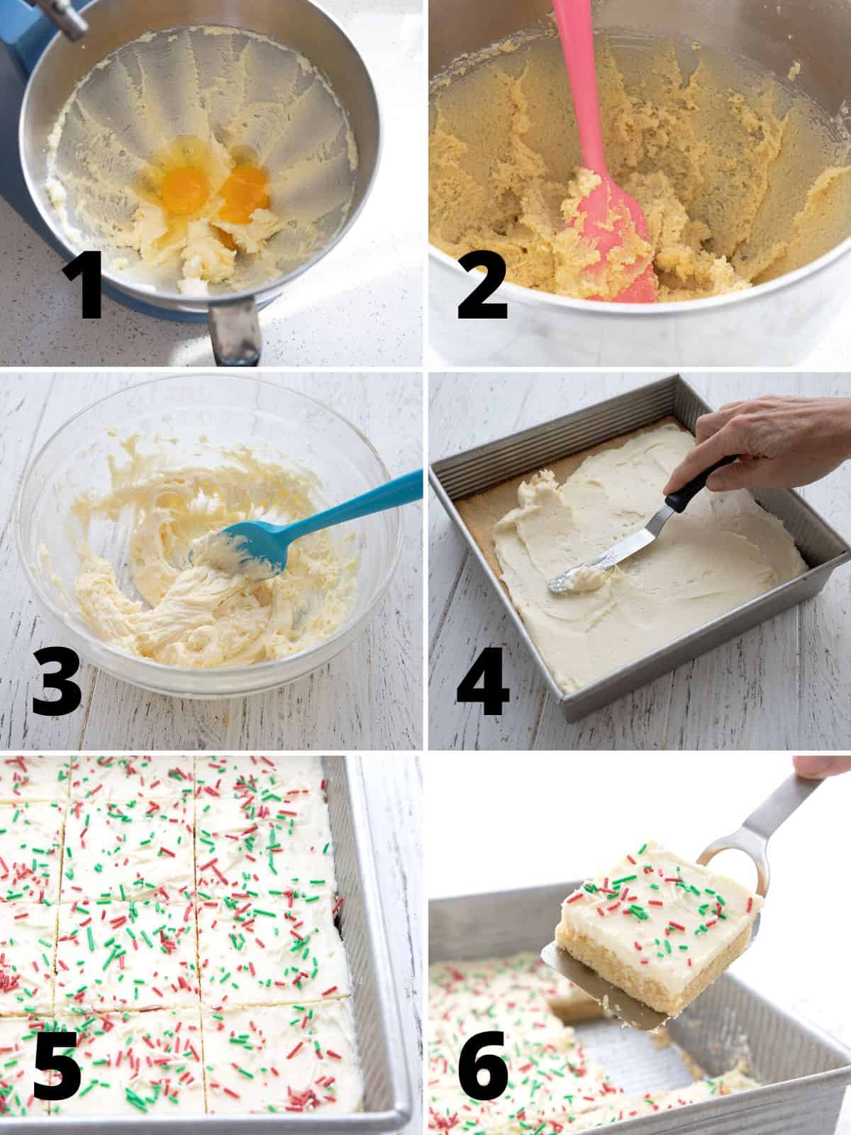 A collage of 6 images showing the steps for making Keto Sugar Cookie Bars.