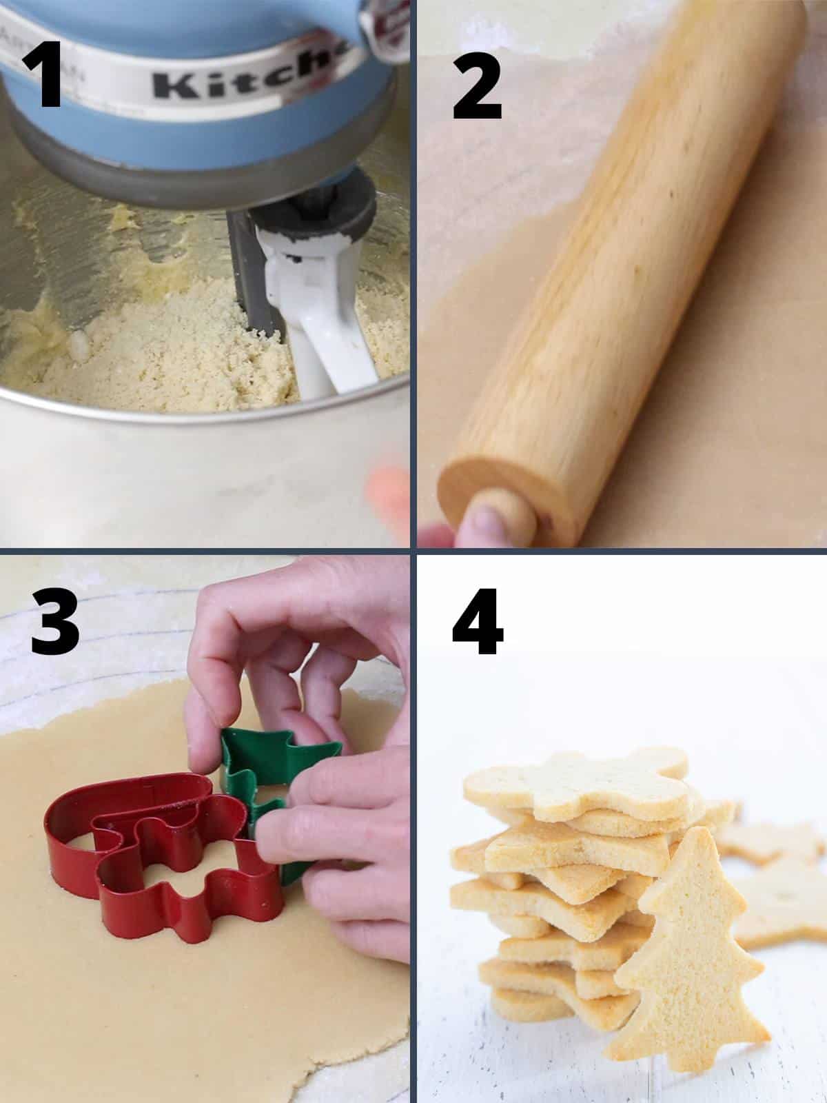 A collage of four images showing how to make Keto Sugar Cookies.