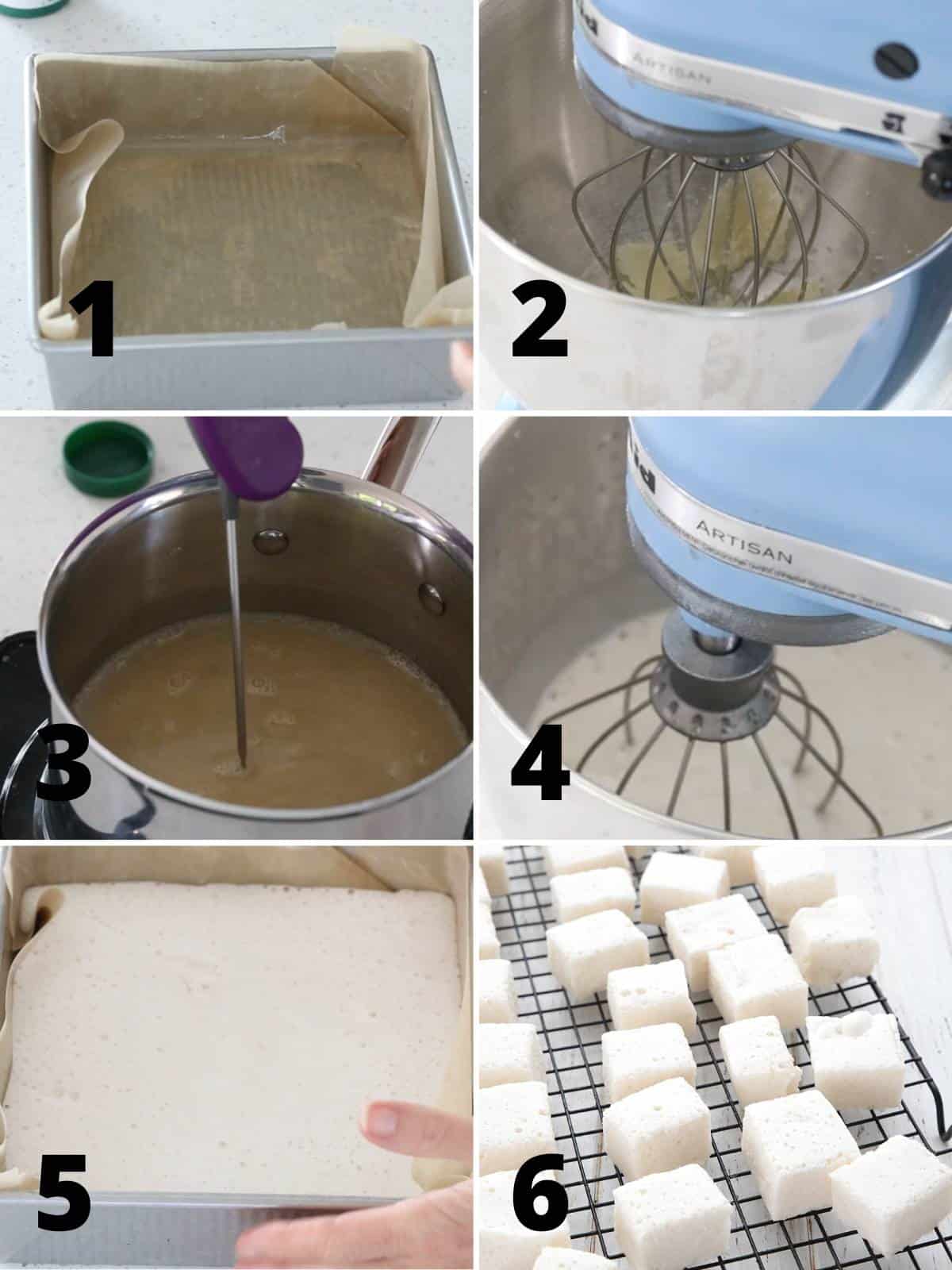 A collage of 6 images showing how to make sugar free marshmallows.