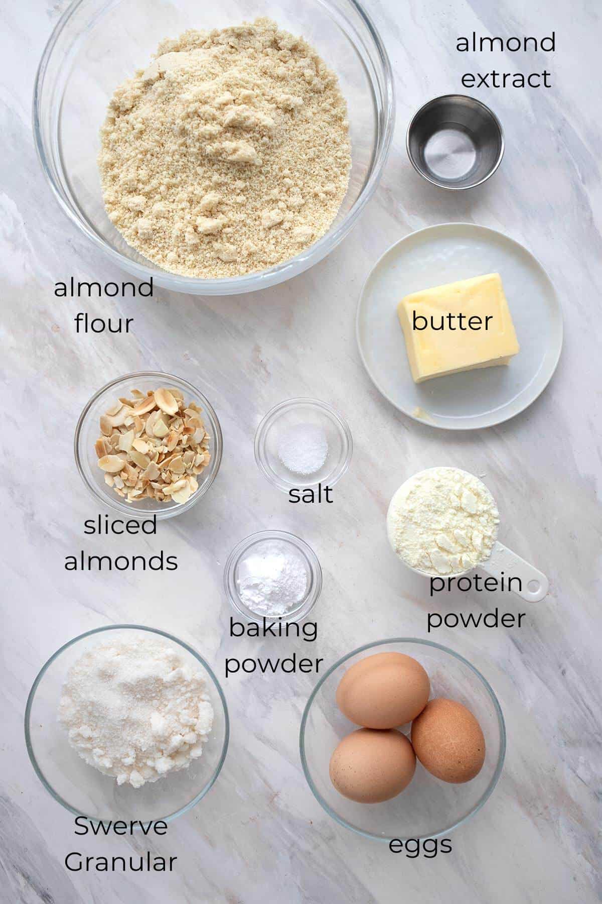 Top down image of ingredients for almond flour cake.