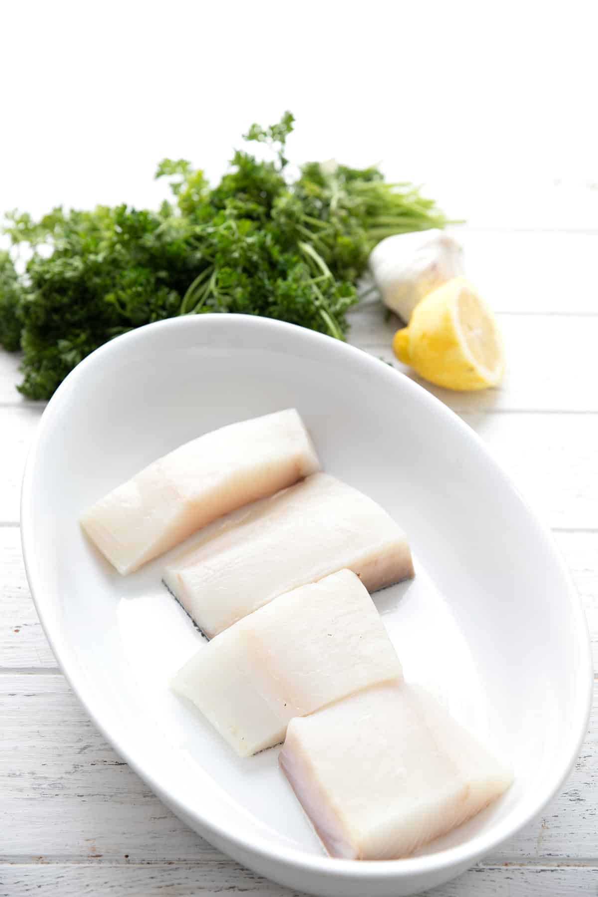 A photo of the ingredients for Lemon Garlic Baked Halibut.