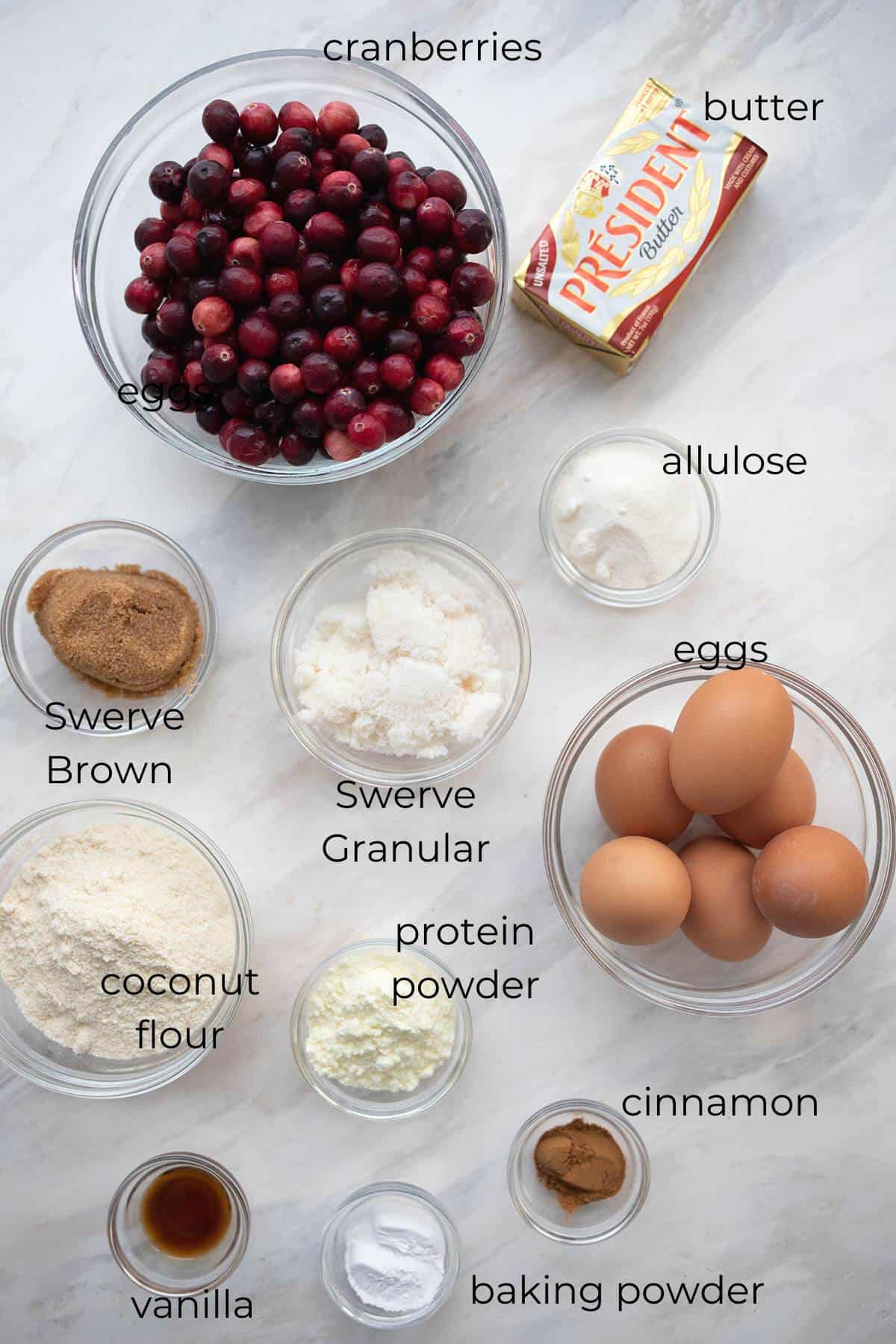 Top down image of ingredients for Keto Cranberry Upside Down Cake.