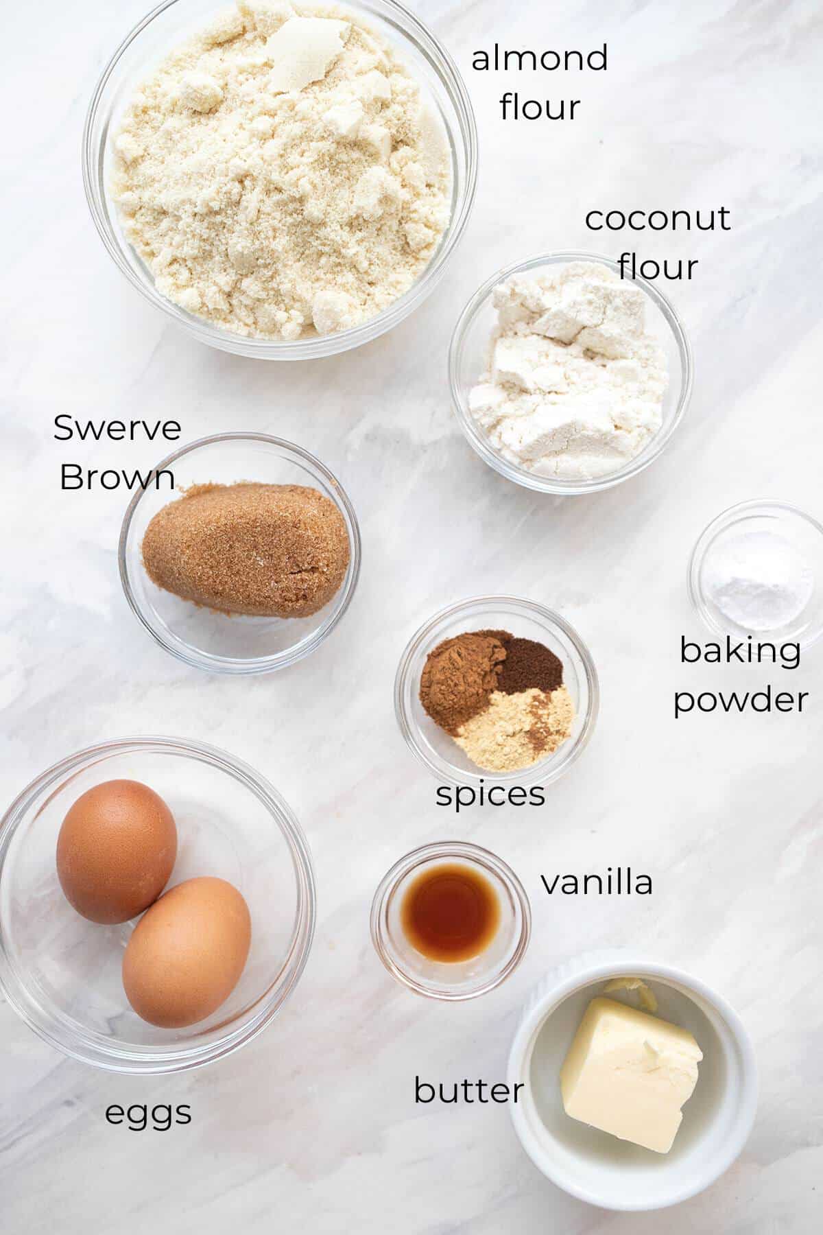 Top down image of ingredients for Keto Gingerbread Cookies.