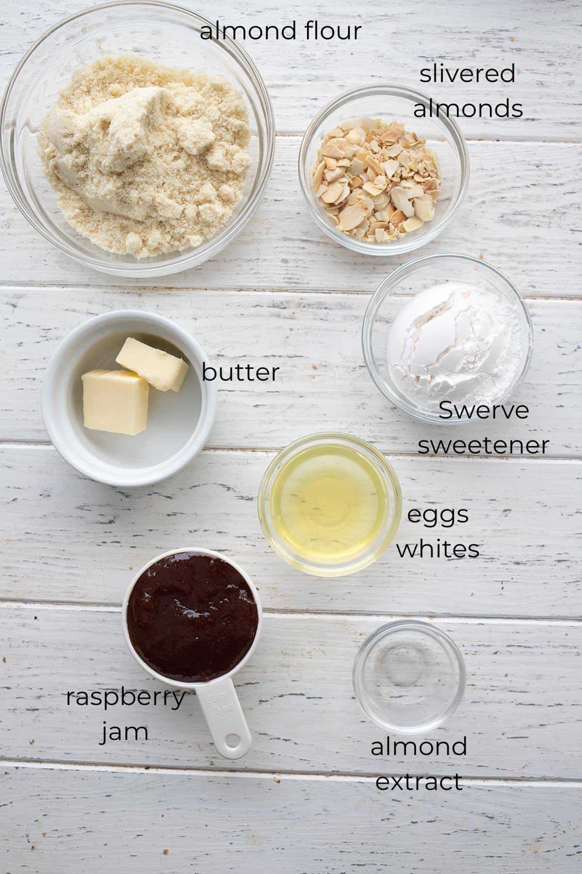 Top down image of ingredients needed for keto jam tarts.