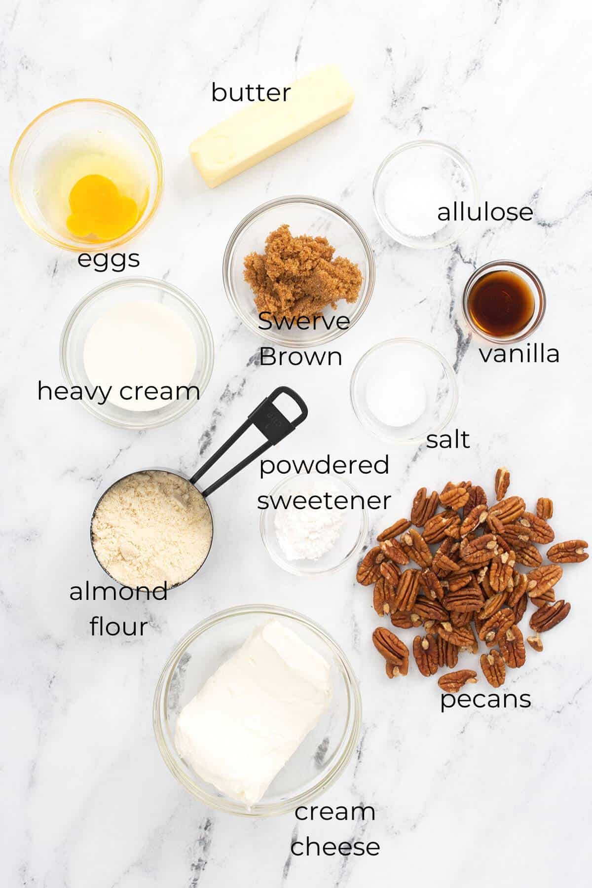 Top down image of ingredients needed for Keto Pecan Pie Cheesecake.