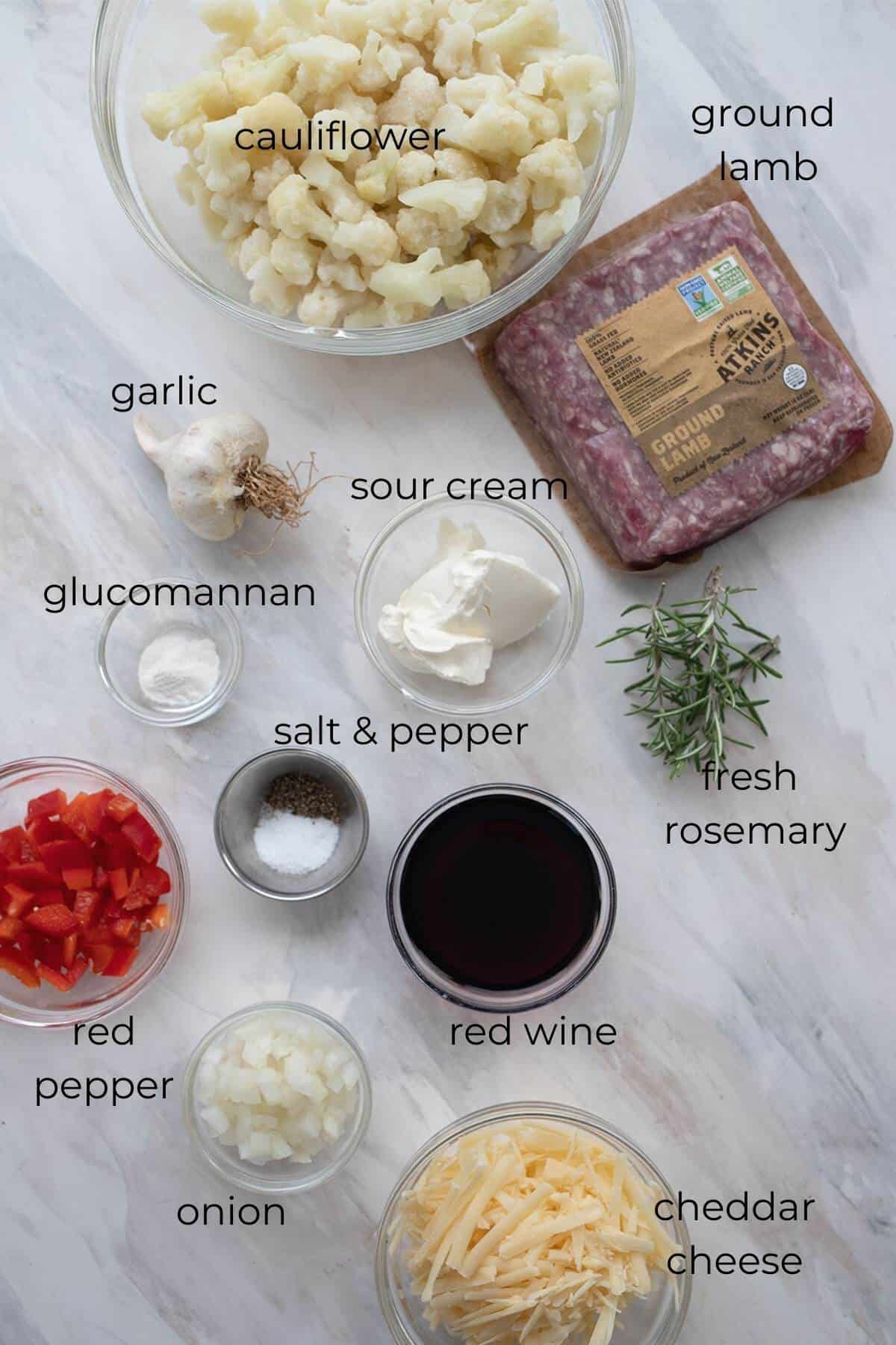 Top down image of the ingredients needed for Keto Shepherd's Pie.