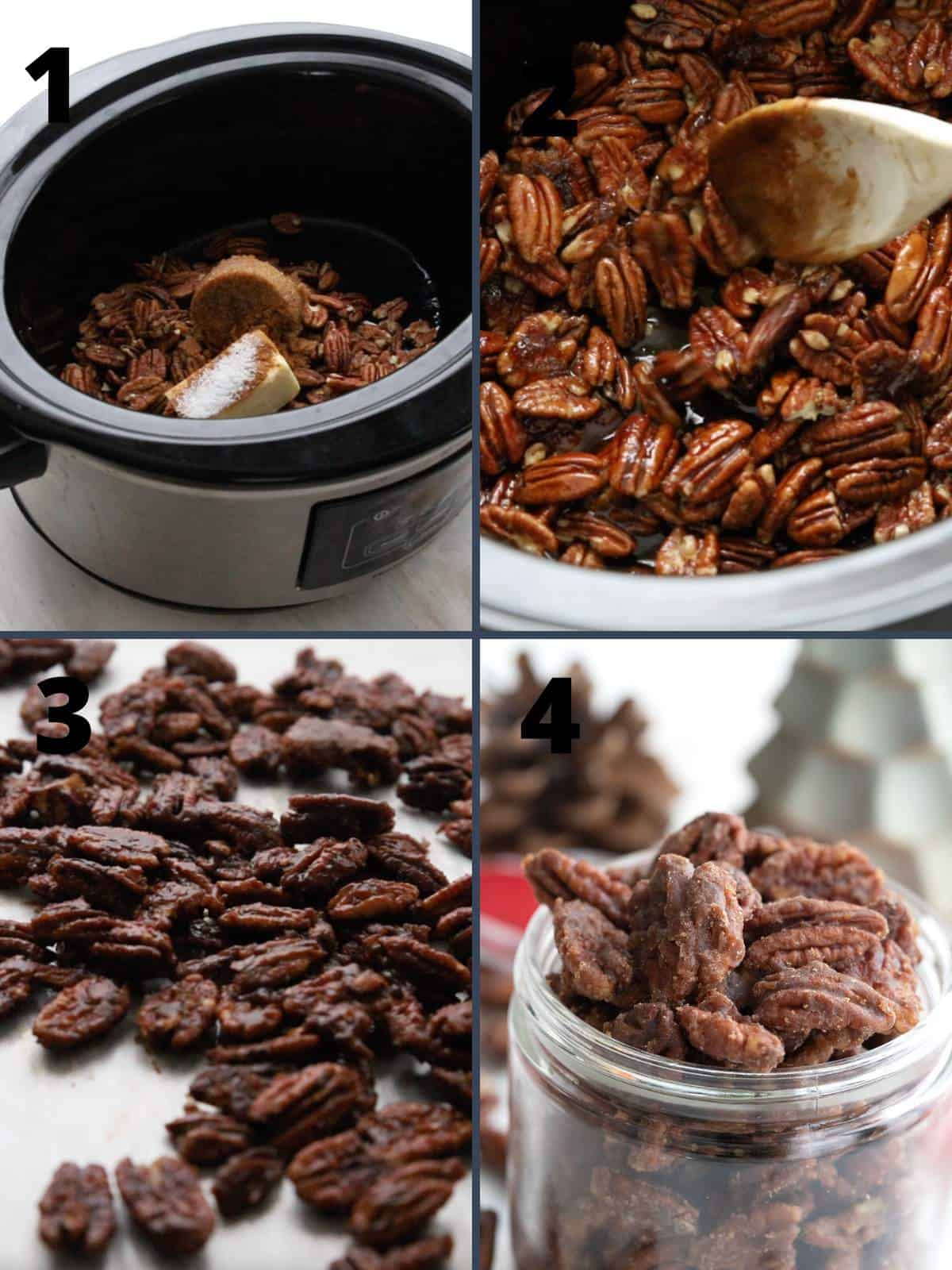 A collage of 4 images showing how to make easy keto candied pecans.