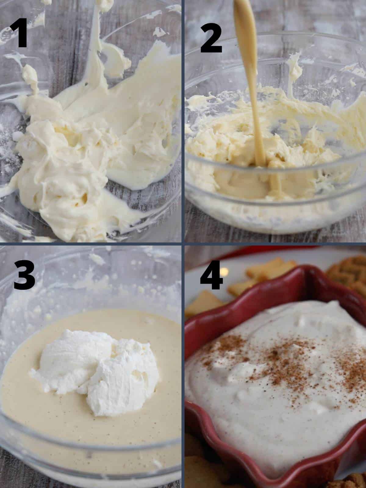 A collage of four images showing how to make keto eggnog dip.
