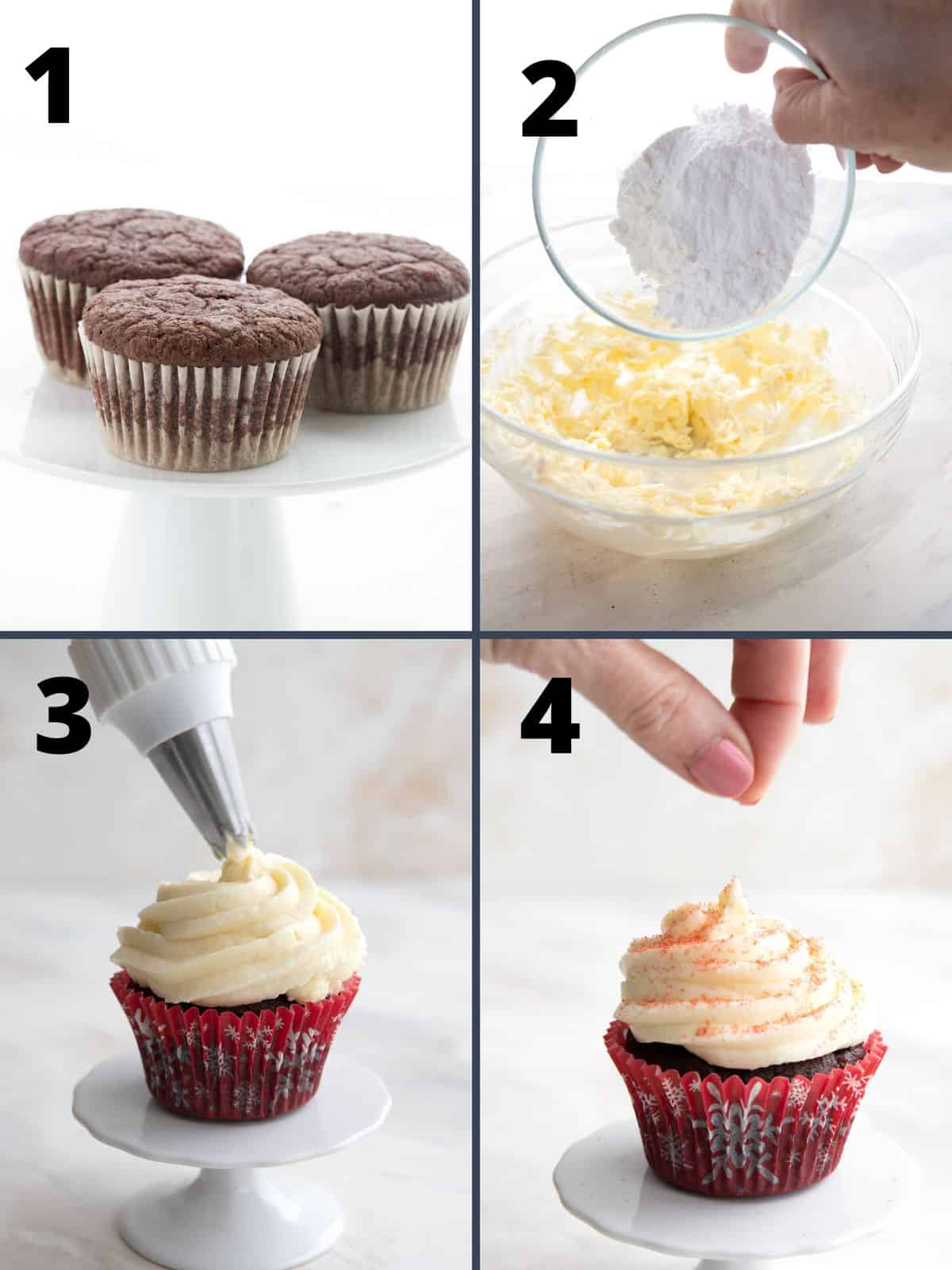 A collage of 4 images showing how to make Keto Peppermint Cupcakes.