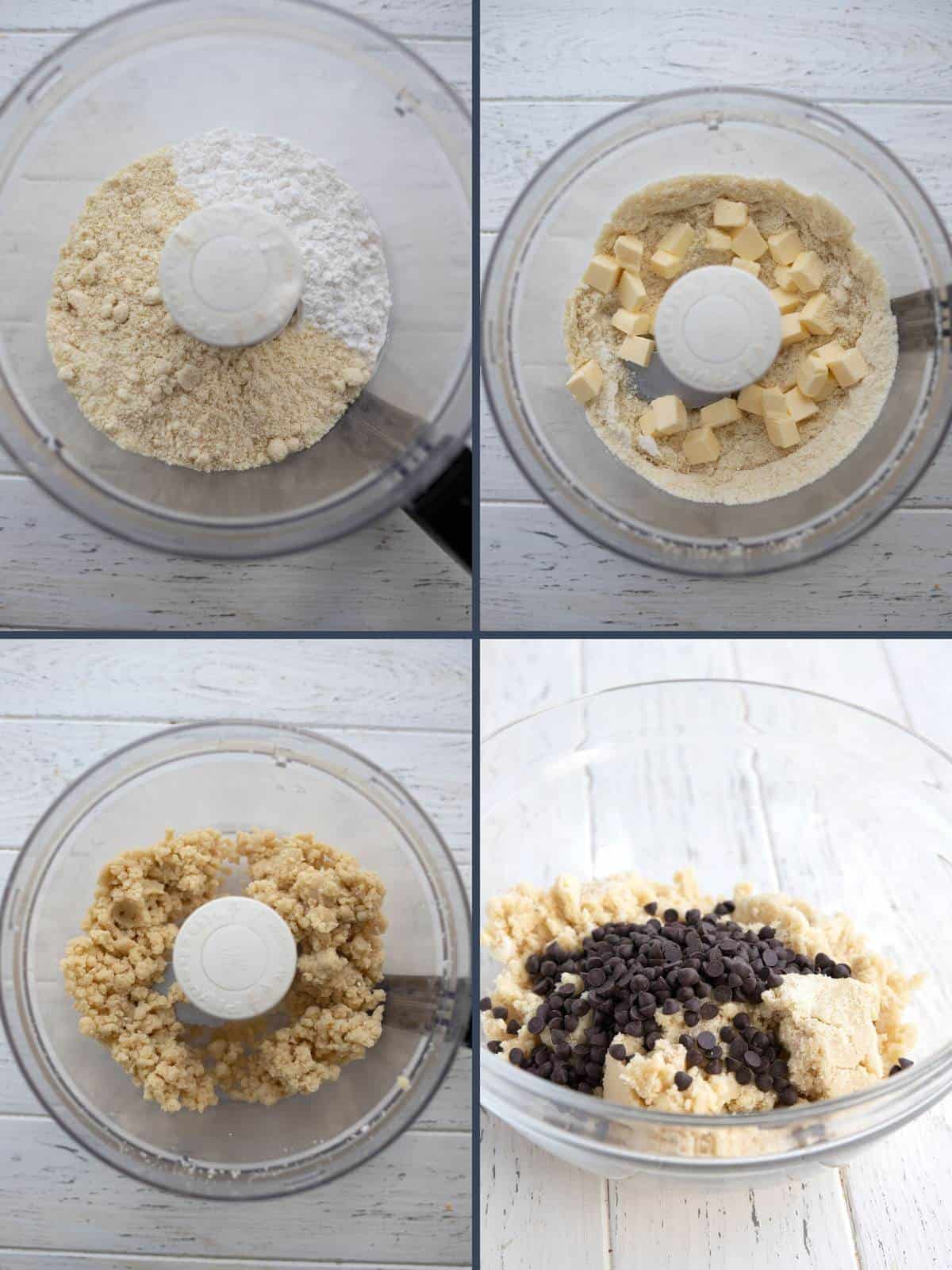 A collage of four images showing how to make the dough for keto shortbread cookies.