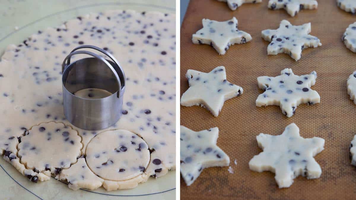 A collage of two images showing how to make keto shortbread in holiday shapes.